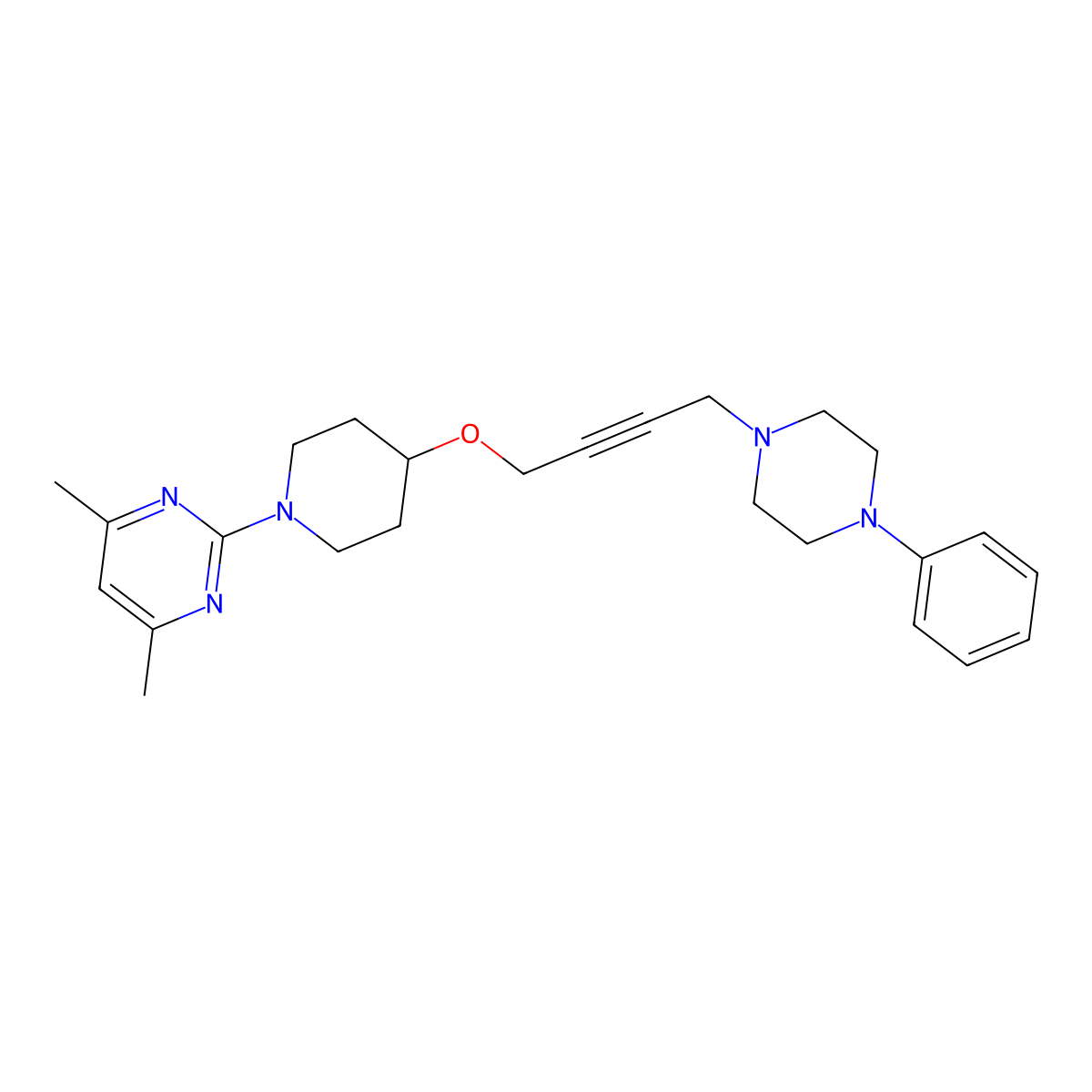 4,6-Dimethyl-2-(4-{[4-(4-phenylpiperazin-1-yl)but-2-yn-1-yl]oxy}piperidin-1-yl)pyrimidine molecular structure, CAS 2415512-53-5