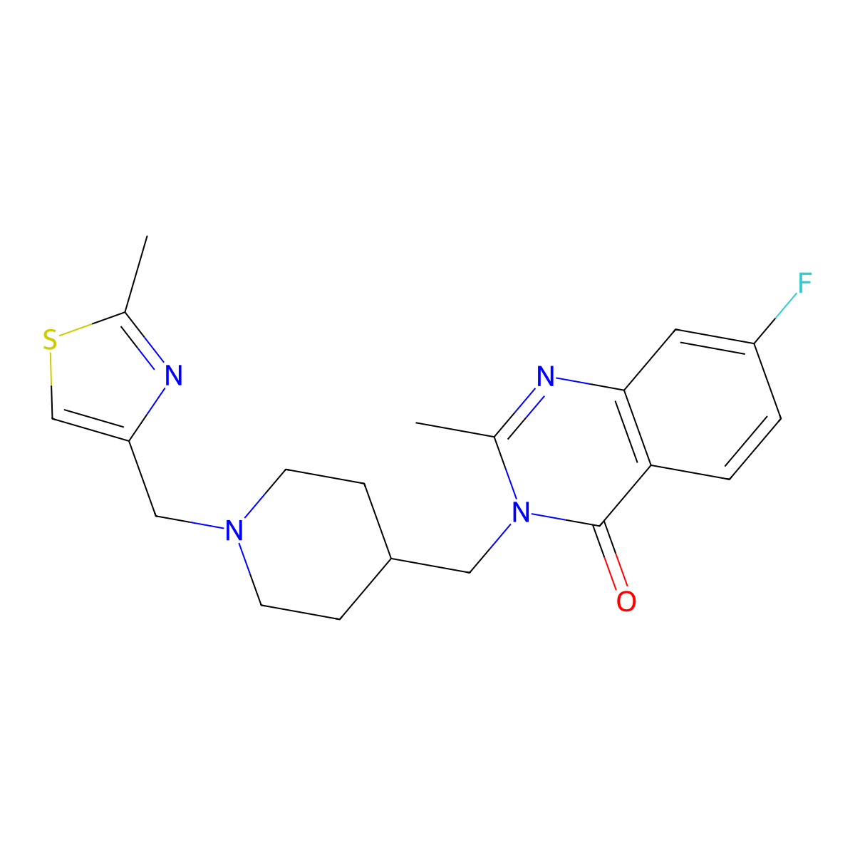 7-Fluoro-2-methyl-3-({1-[(2-methyl-1,3-thiazol-4-yl)methyl]piperidin-4-yl}methyl)-3,4-dihydroquinazolin-4-one molecular structure, CAS 2415512-60-4