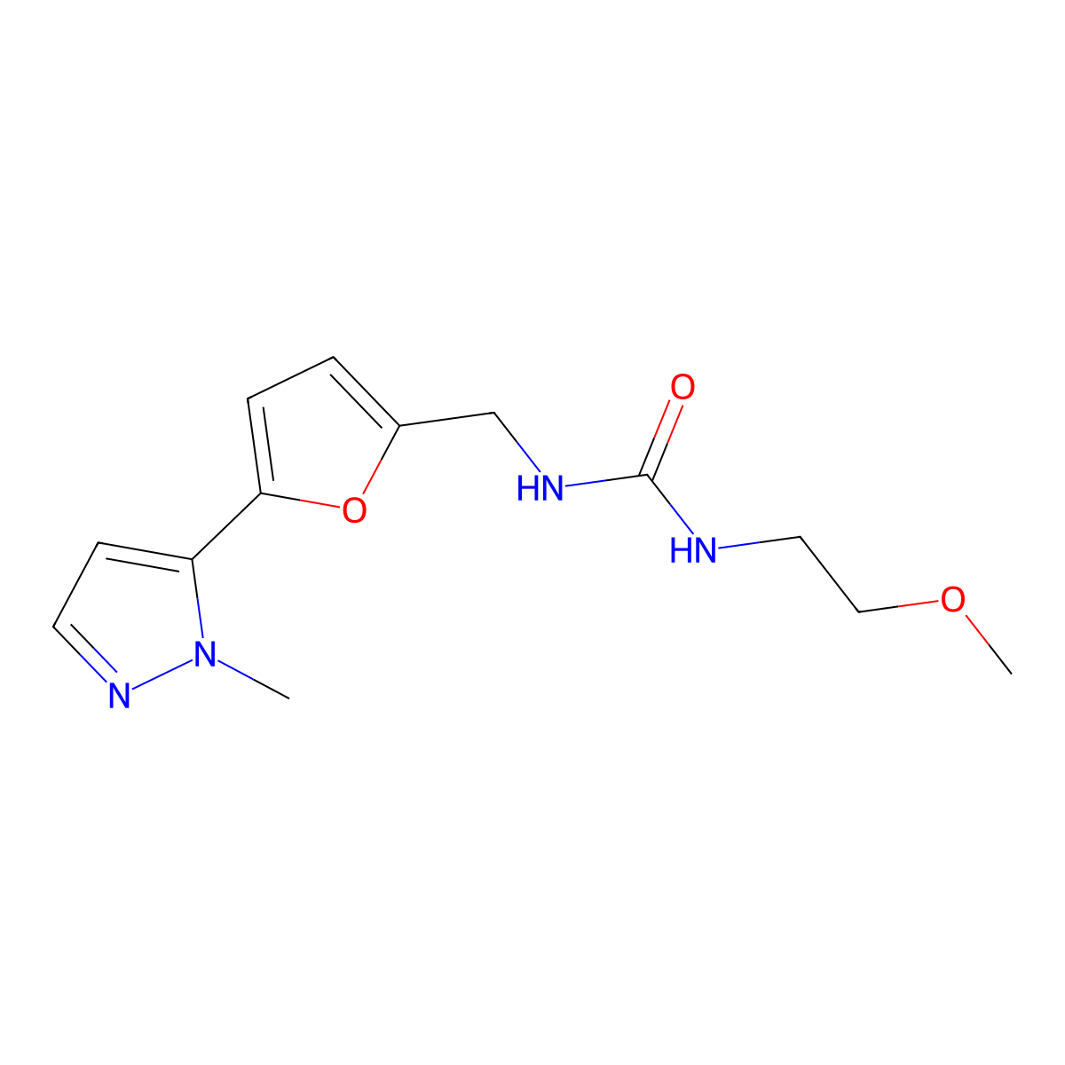 3-(2-methoxyethyl)-1-{[5-(1-methyl-1H-pyrazol-5-yl)furan-2-yl]methyl}urea molecular structure, CAS 2415512-76-2