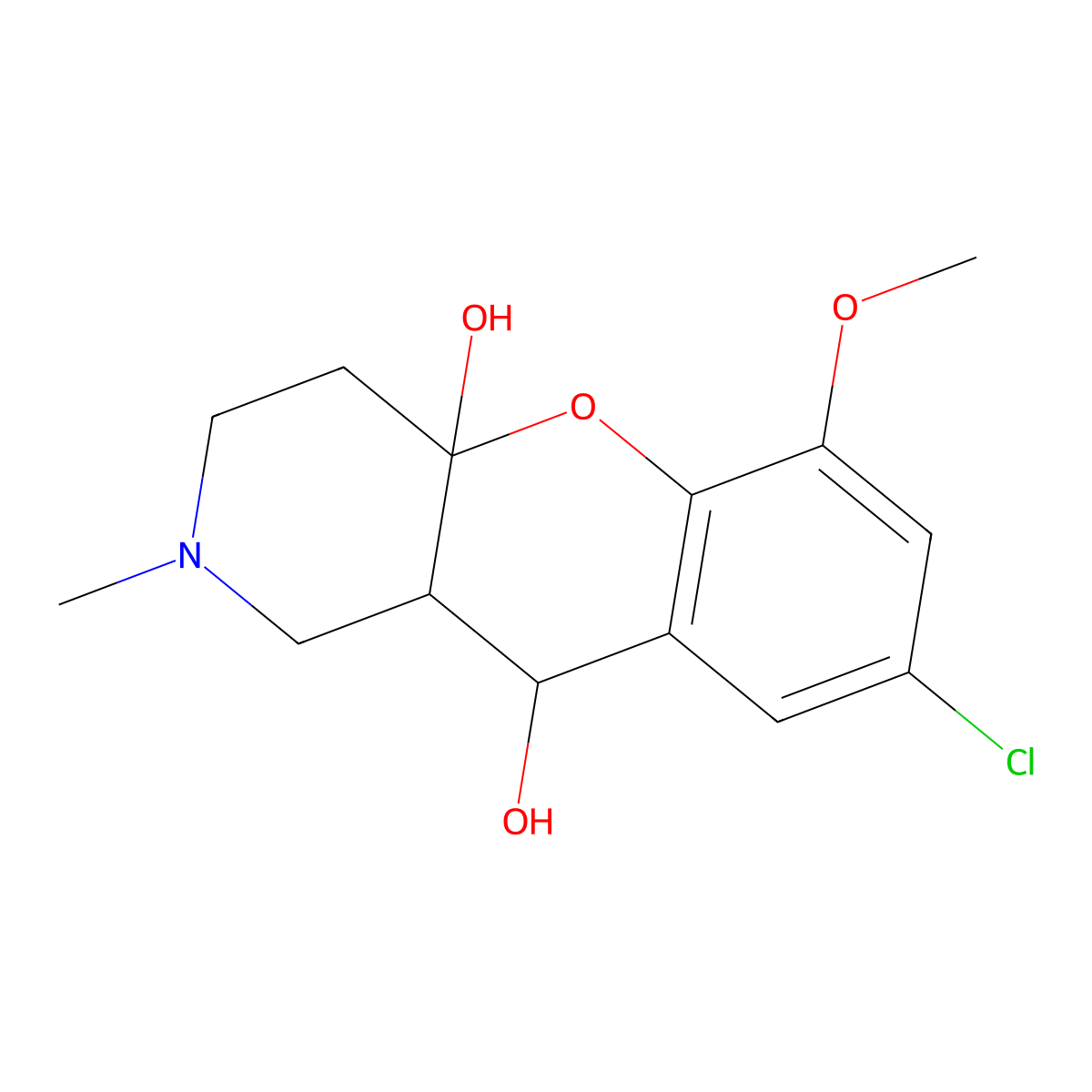 12-Chloro-14-methoxy-6-methyl-2-oxa-6-azatricyclo[8.4.0.0^{3,8}]tetradeca-1(14),10,12-triene-3,9-diol molecular structure, CAS 2415512-77-3