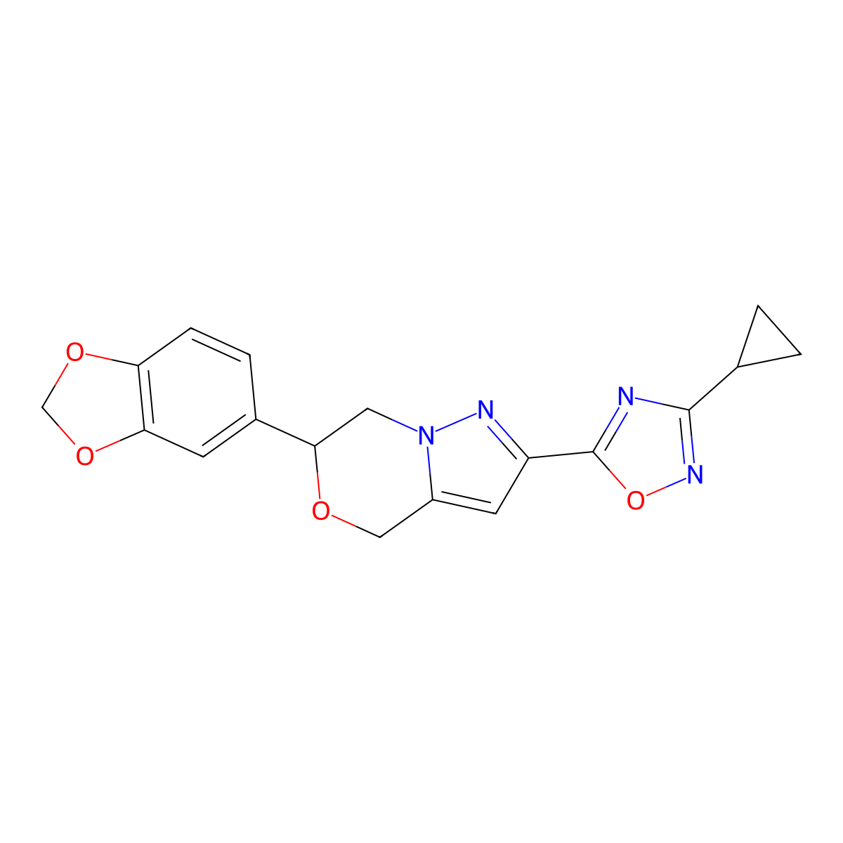 5-[6-(2H-1,3-benzodioxol-5-yl)-4H,6H,7H-pyrazolo[3,2-c][1,4]oxazin-2-yl]-3-cyclopropyl-1,2,4-oxadiazole molecular structure, CAS 2415512-81-9