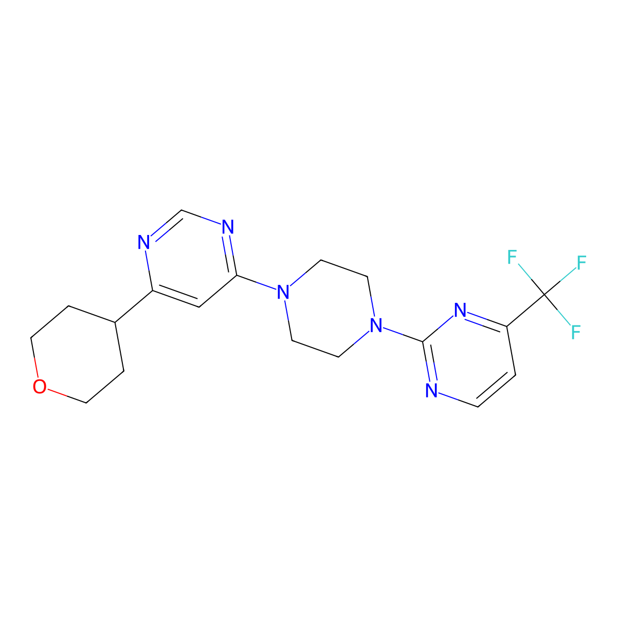 4-(Oxan-4-yl)-6-{4-[4-(trifluoromethyl)pyrimidin-2-yl]piperazin-1-yl}pyrimidine molecular structure, CAS 2415512-82-0