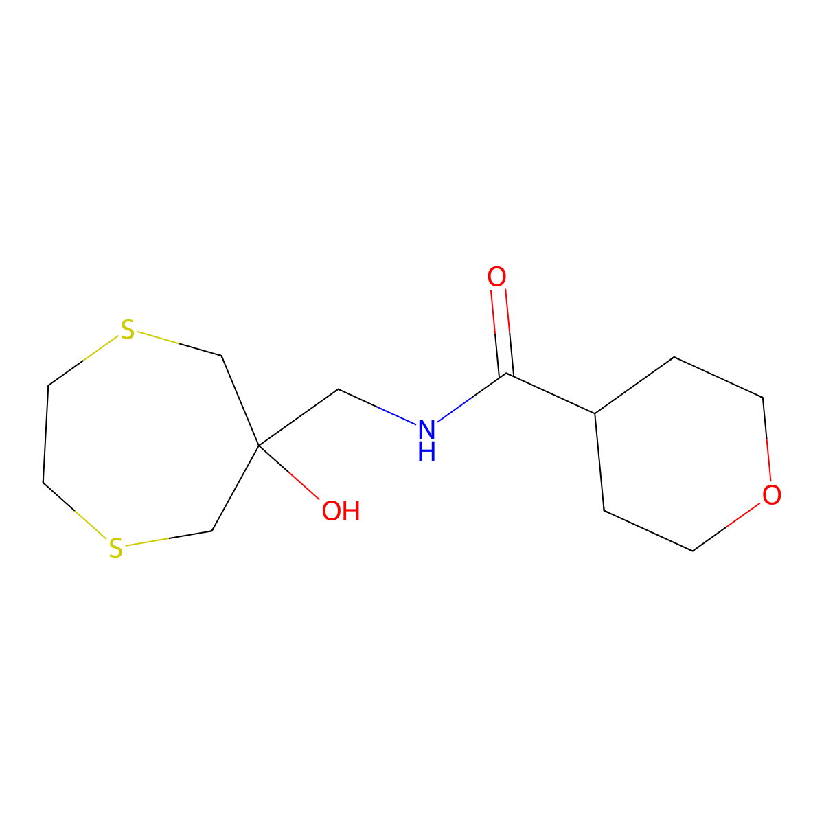 N-[(6-Hydroxy-1,4-dithiepan-6-yl)methyl]oxane-4-carboxamide molecular structure, CAS 2415513-02-7