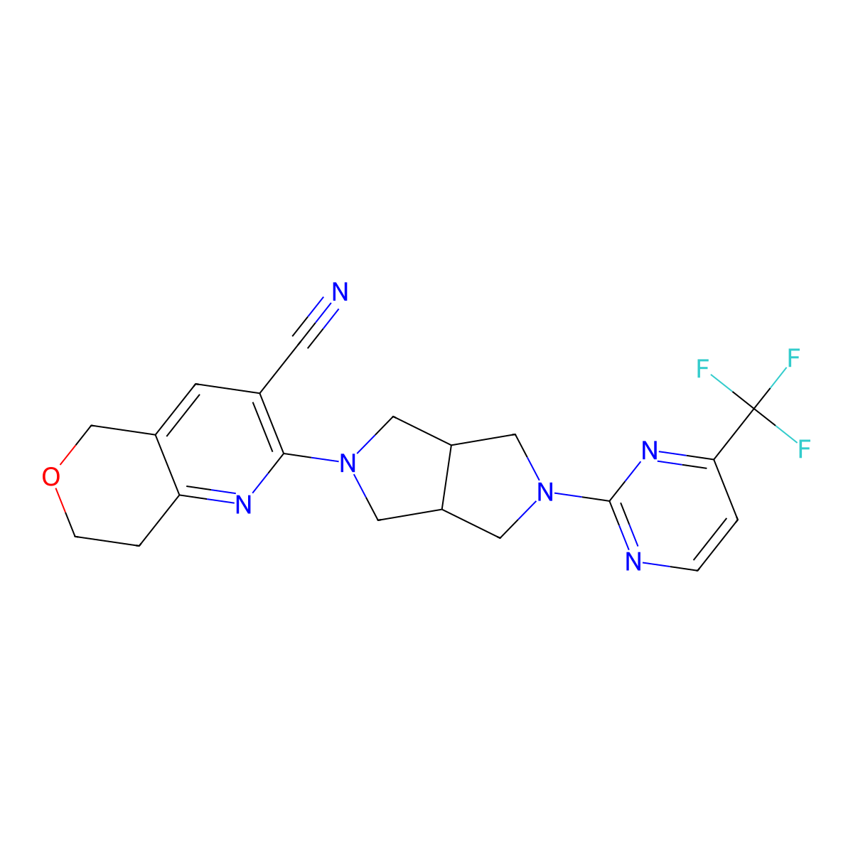 2-{5-[4-(trifluoromethyl)pyrimidin-2-yl]-octahydropyrrolo[3,4-c]pyrrol-2-yl}-5H,7H,8H-pyrano[4,3-b]pyridine-3-carbonitrile molecular structure, CAS 2415513-05-0