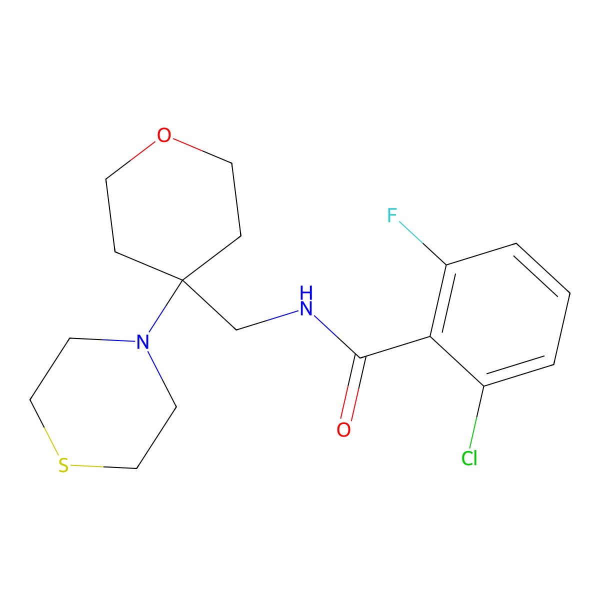 2-chloro-6-fluoro-N-{[4-(thiomorpholin-4-yl)oxan-4-yl]methyl}benzamide molecular structure, CAS 2415513-09-4