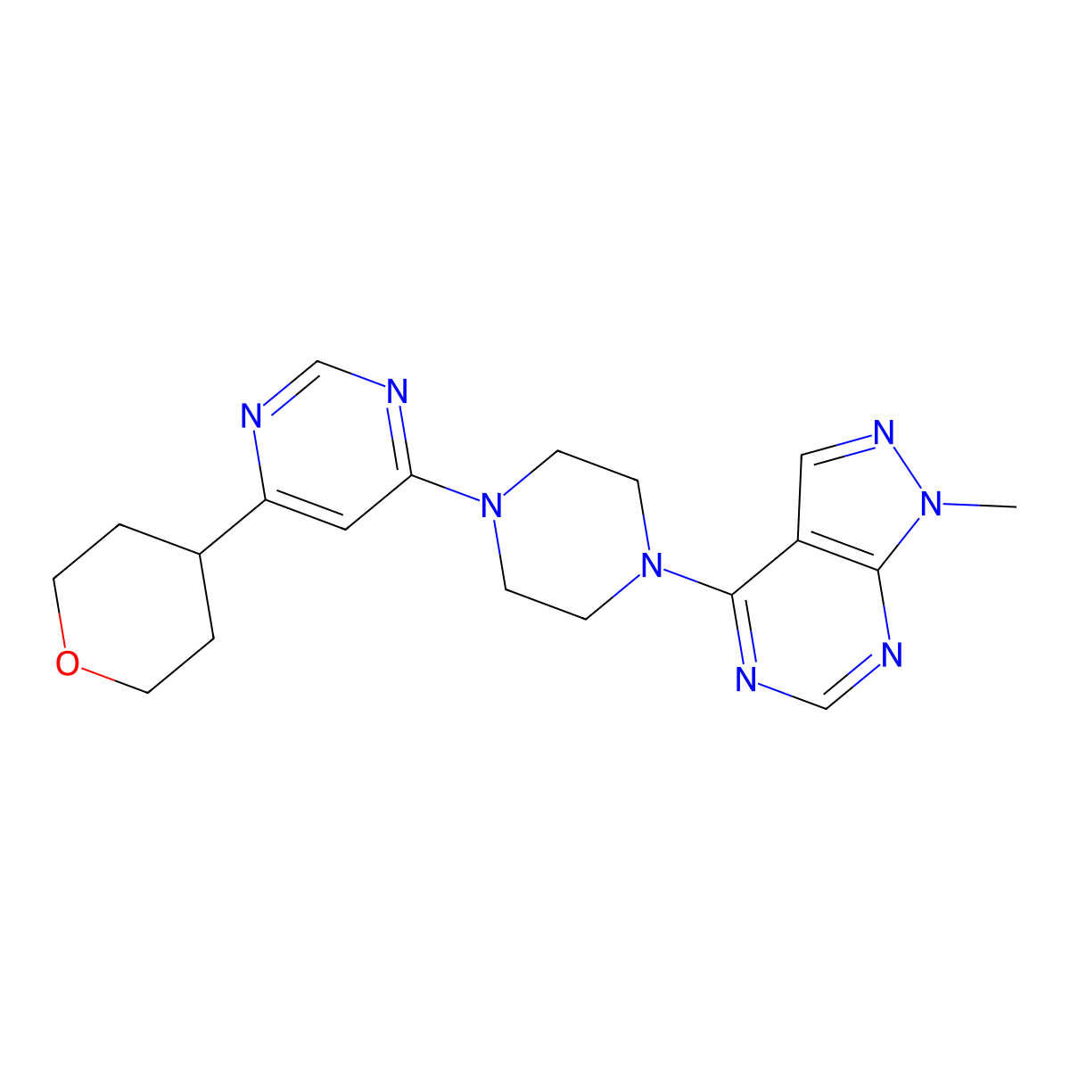 4-(4-{1-methyl-1H-pyrazolo[3,4-d]pyrimidin-4-yl}piperazin-1-yl)-6-(oxan-4-yl)pyrimidine molecular structure, CAS 2415513-11-8