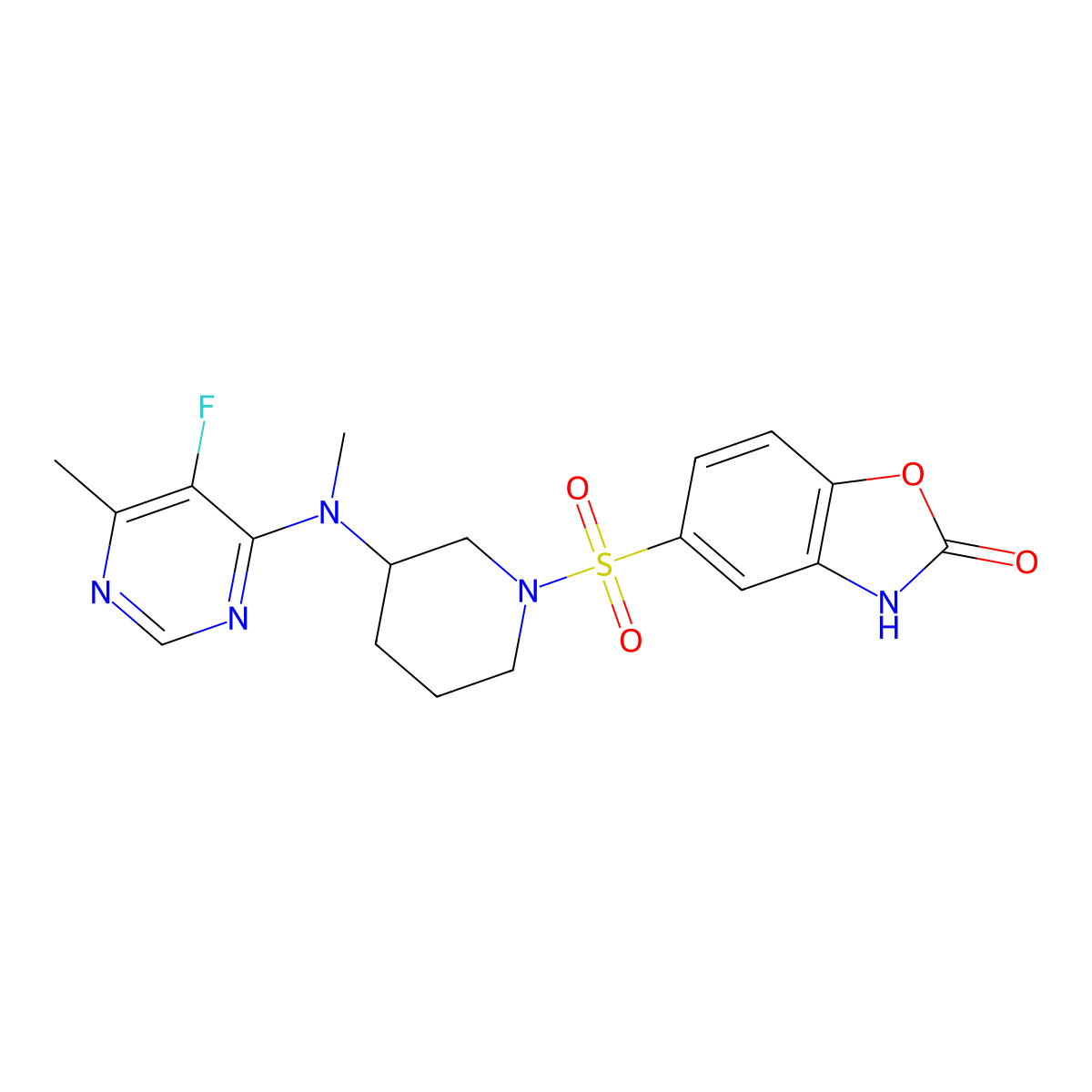 5-({3-[(5-Fluoro-6-methylpyrimidin-4-yl)(methyl)amino]piperidin-1-yl}sulfonyl)-2,3-dihydro-1,3-benzoxazol-2-one molecular structure, CAS 2415513-16-3