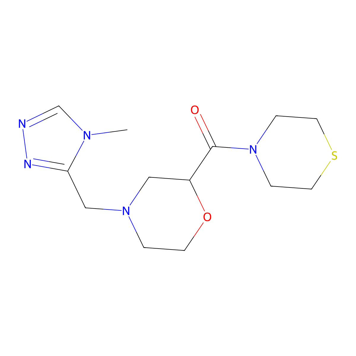 4-[(4-methyl-4H-1,2,4-triazol-3-yl)methyl]-2-(thiomorpholine-4-carbonyl)morpholine molecular structure, CAS 2415513-20-9