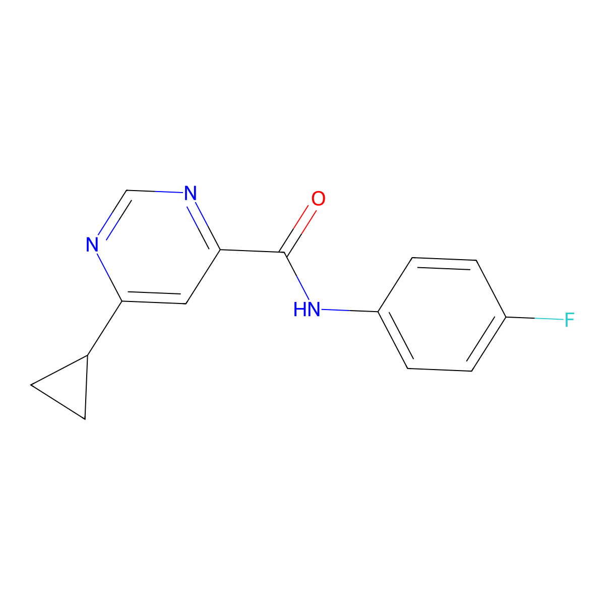 6-Cyclopropyl-N-(4-fluorophenyl)pyrimidine-4-carboxamide molecular structure, CAS 2415513-21-0