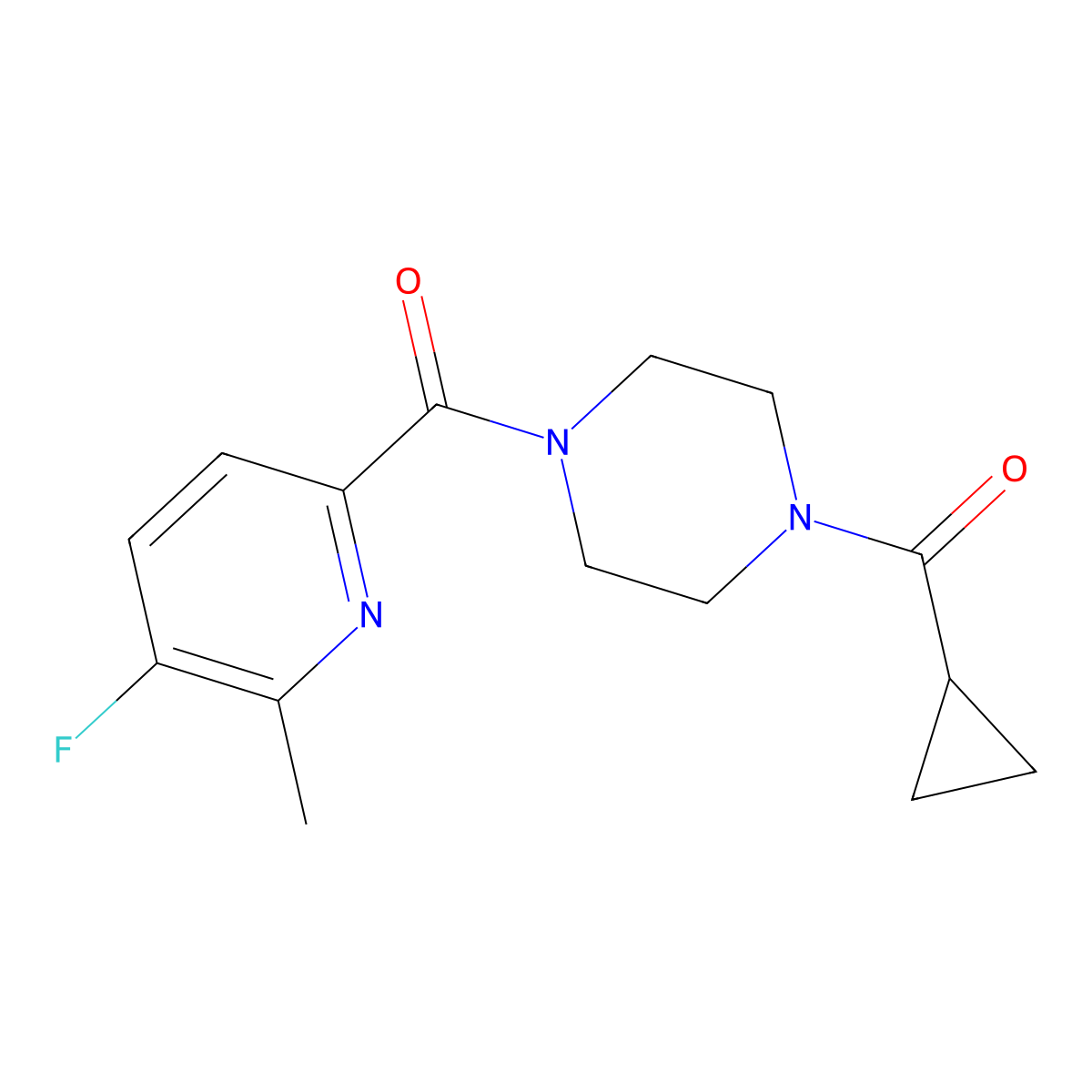 1-Cyclopropanecarbonyl-4-(5-fluoro-6-methylpyridine-2-carbonyl)piperazine molecular structure, CAS 2415513-25-4