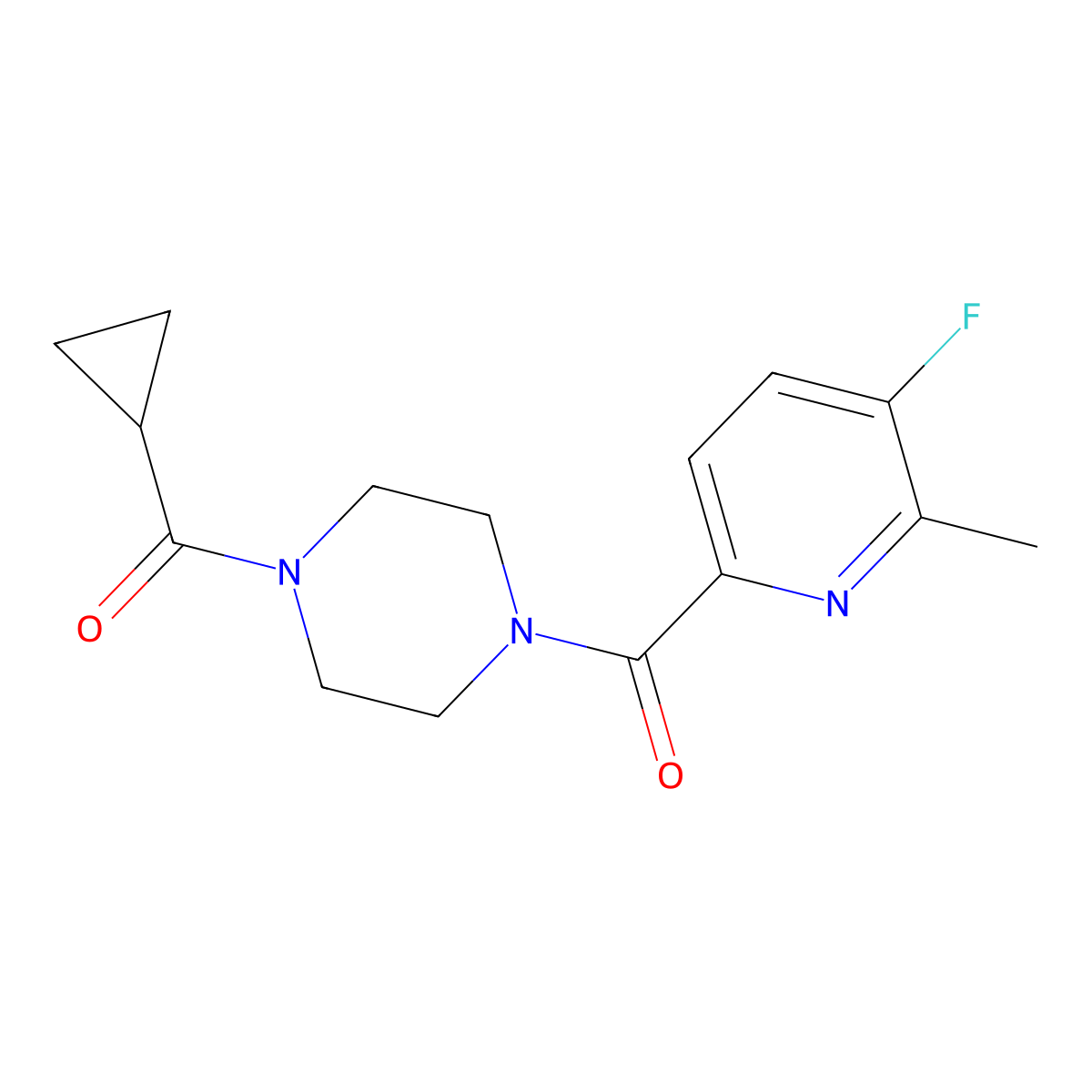1-Cyclopropanecarbonyl-4-(5-fluoro-6-methylpyridine-2-carbonyl)piperazine molecular structure, CAS 2415513-25-4