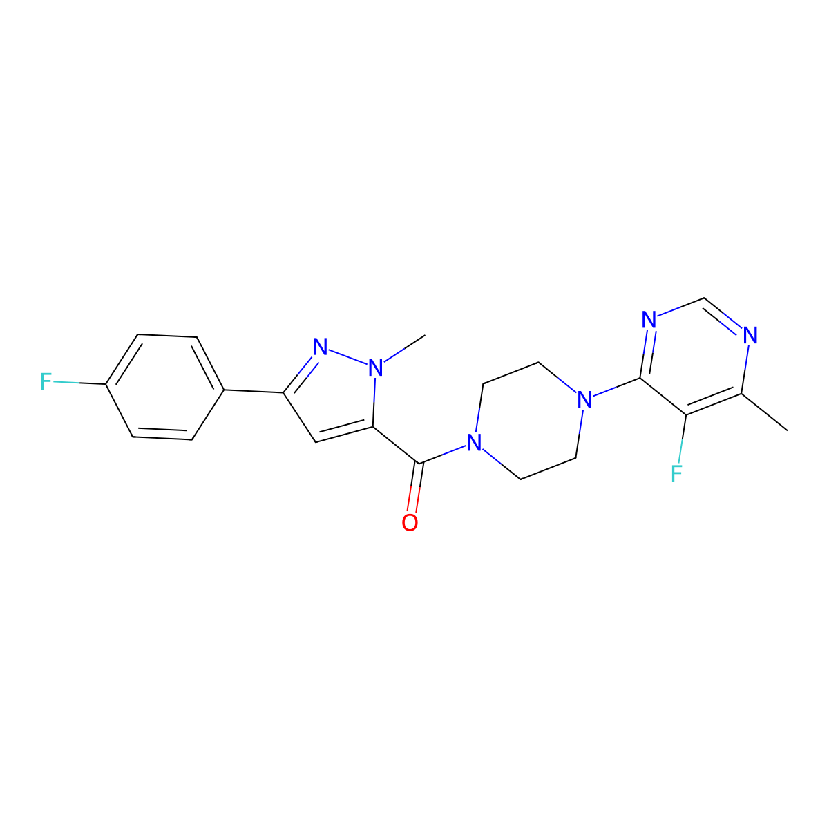 5-fluoro-4-{4-[3-(4-fluorophenyl)-1-methyl-1H-pyrazole-5-carbonyl]piperazin-1-yl}-6-methylpyrimidine molecular structure, CAS 2415513-28-7
