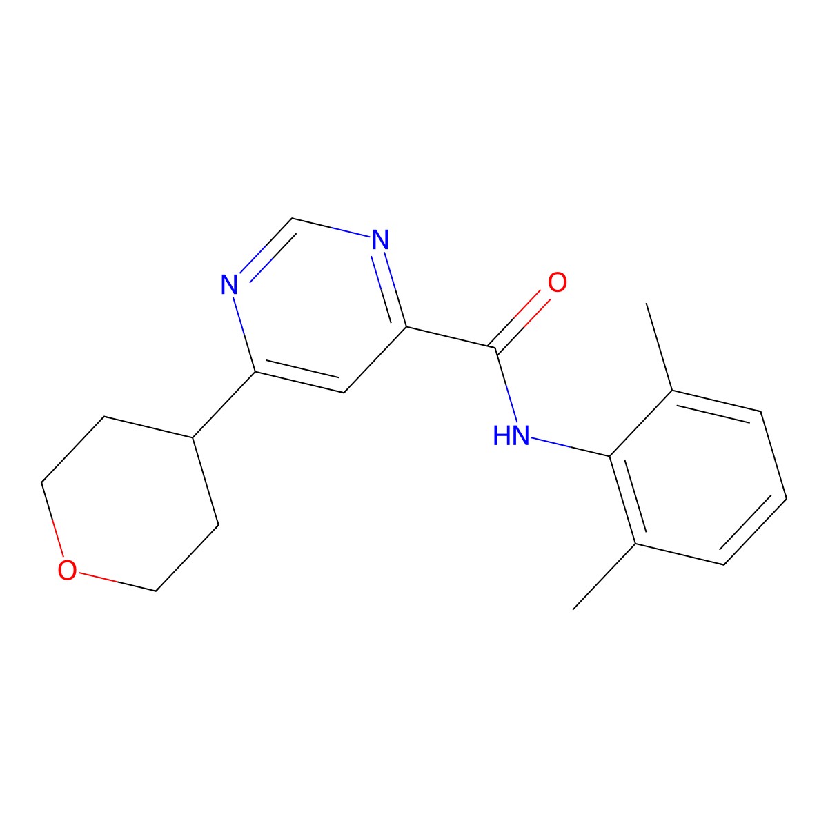 N-(2,6-Dimethylphenyl)-6-(oxan-4-yl)pyrimidine-4-carboxamide molecular structure, CAS 2415513-30-1