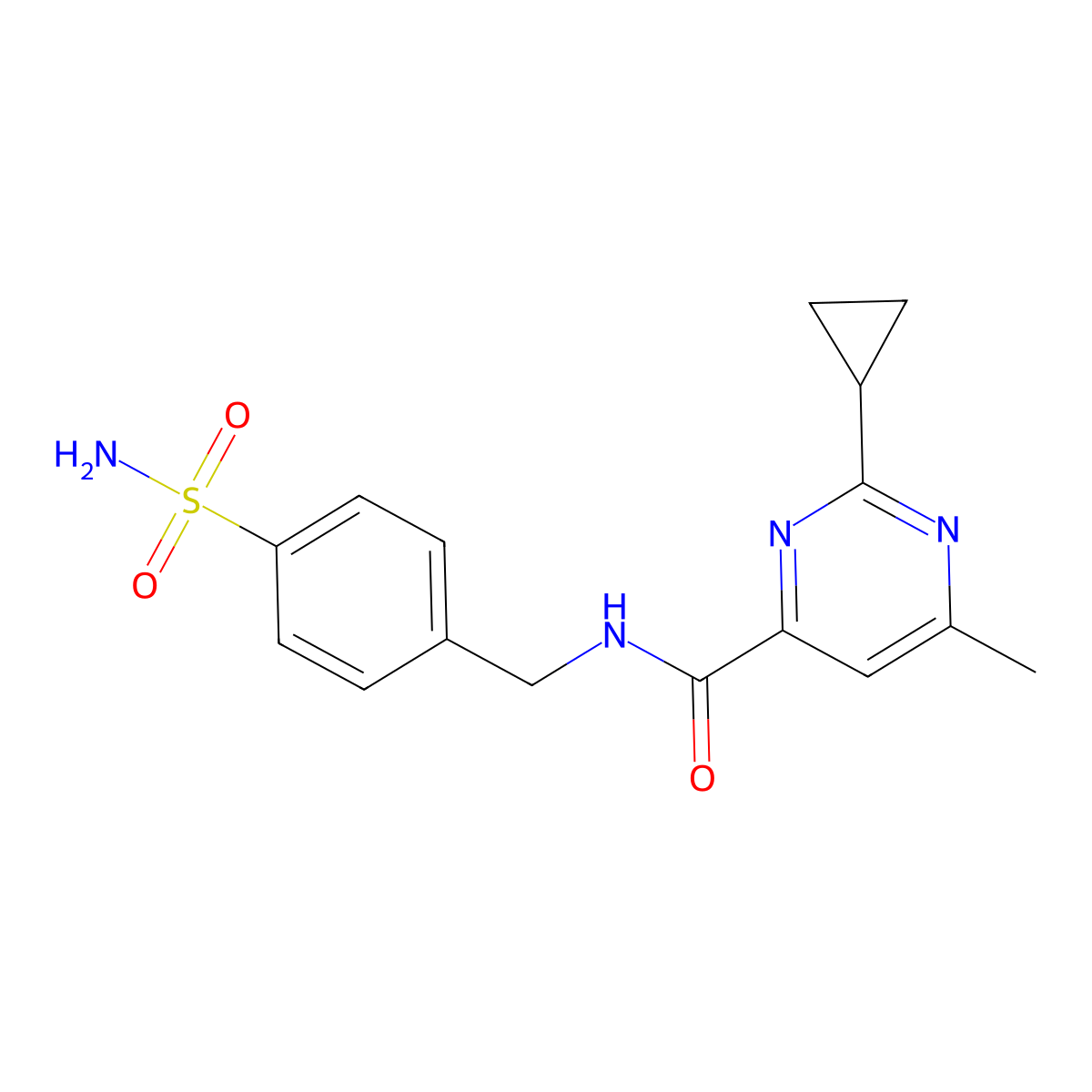 2-Cyclopropyl-6-methyl-N-[(4-sulfamoylphenyl)methyl]pyrimidine-4-carboxamide molecular structure, CAS 2415513-32-3