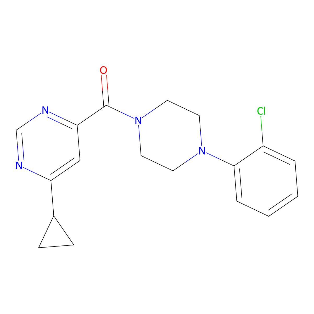 4-[4-(2-Chlorophenyl)piperazine-1-carbonyl]-6-cyclopropylpyrimidine molecular structure, CAS 2415513-35-6