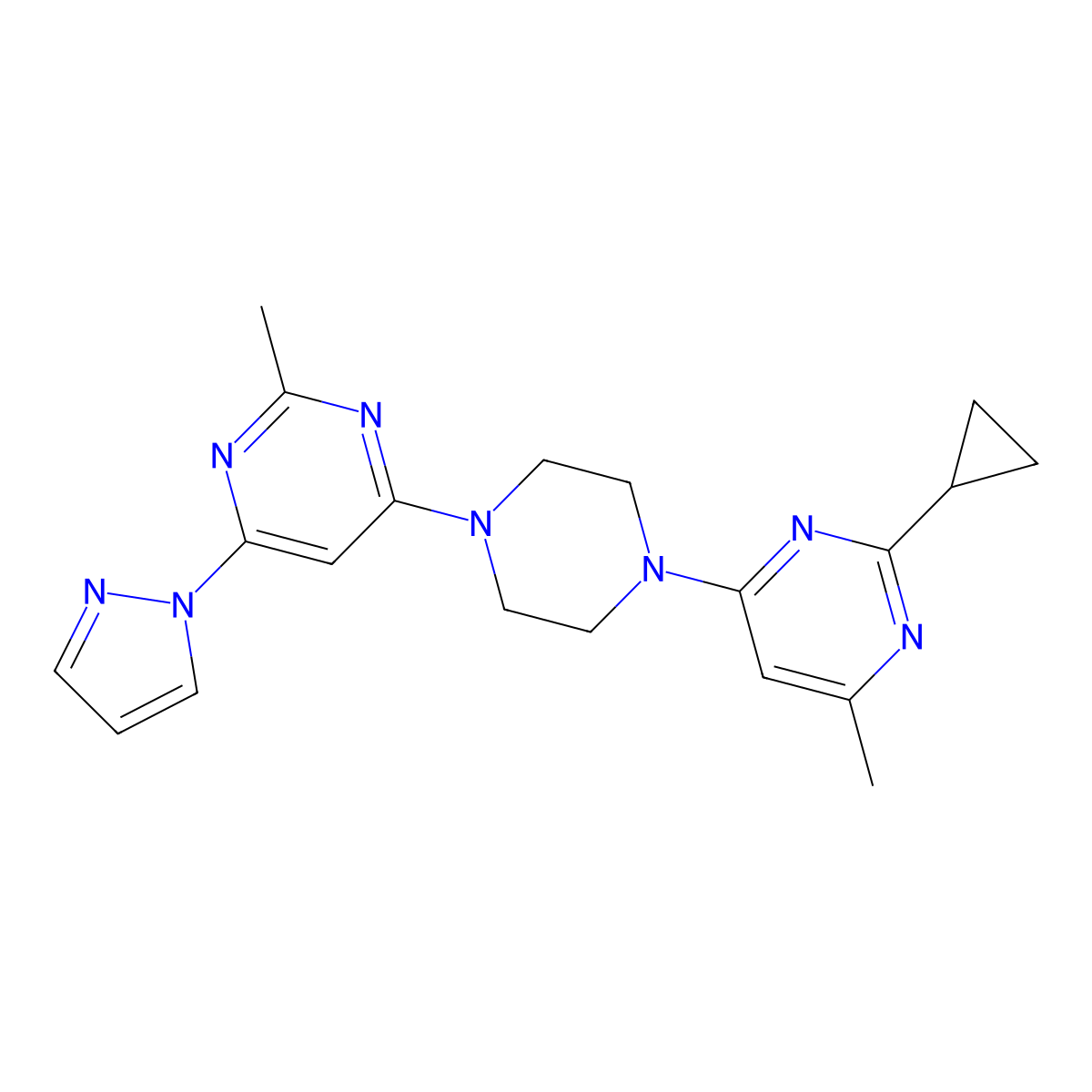 4-[4-(2-cyclopropyl-6-methylpyrimidin-4-yl)piperazin-1-yl]-2-methyl-6-(1H-pyrazol-1-yl)pyrimidine molecular structure, CAS 2415513-39-0