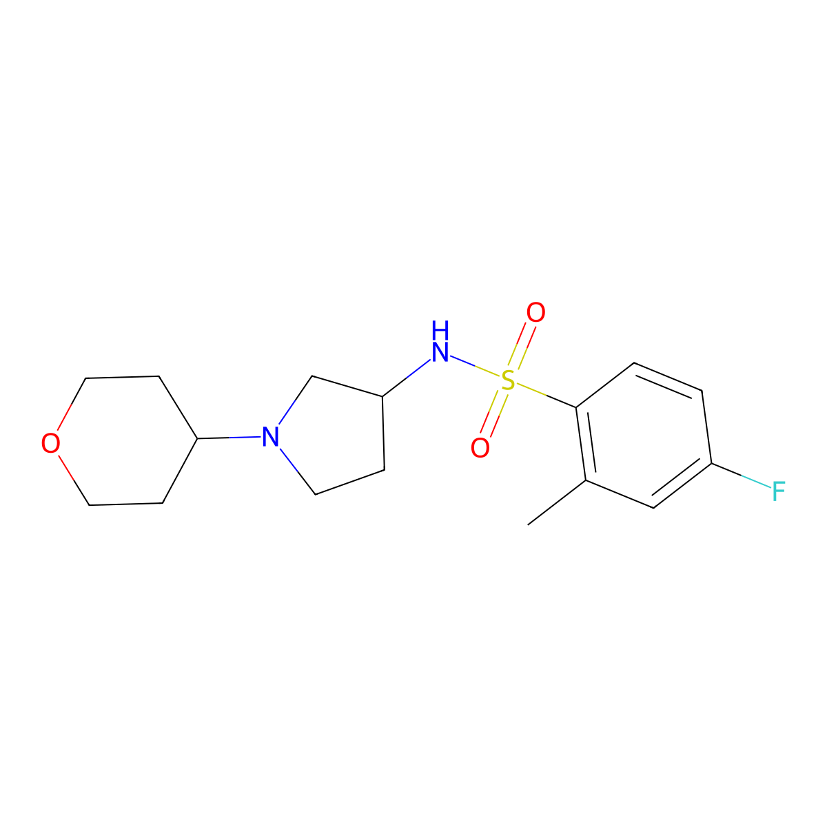 4-fluoro-2-methyl-N-[1-(oxan-4-yl)pyrrolidin-3-yl]benzene-1-sulfonamide molecular structure, CAS 2415513-43-6