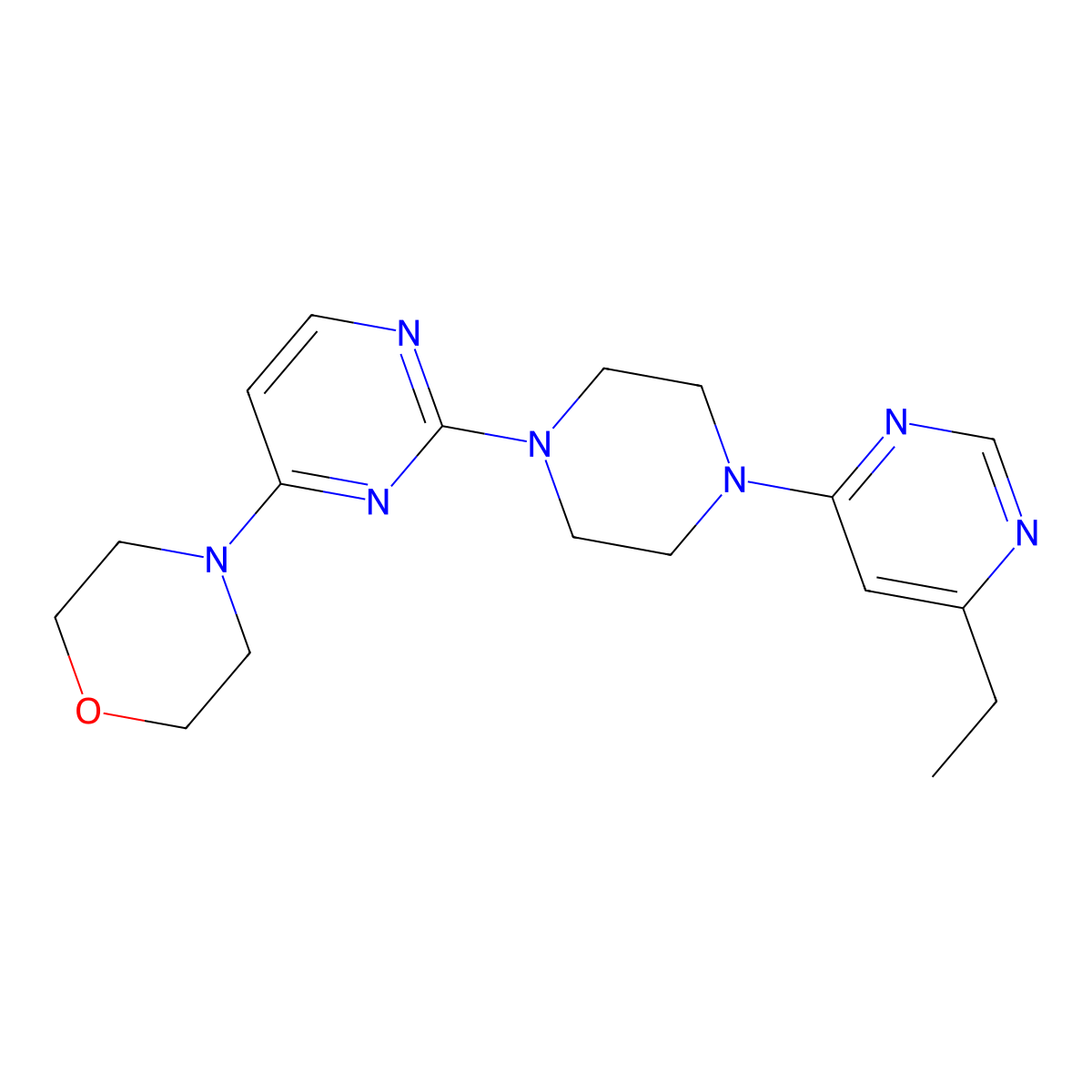 4-{2-[4-(6-Ethylpyrimidin-4-yl)piperazin-1-yl]pyrimidin-4-yl}morpholine molecular structure, CAS 2415513-56-1