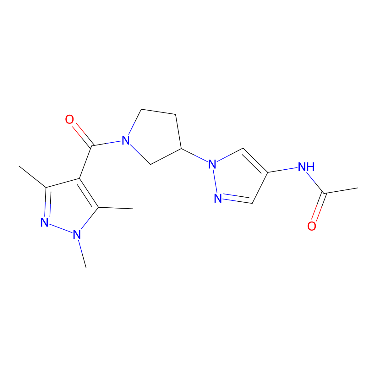 N-{1-[1-(1,3,5-trimethyl-1H-pyrazole-4-carbonyl)pyrrolidin-3-yl]-1H-pyrazol-4-yl}acetamide molecular structure, CAS 2415513-66-3