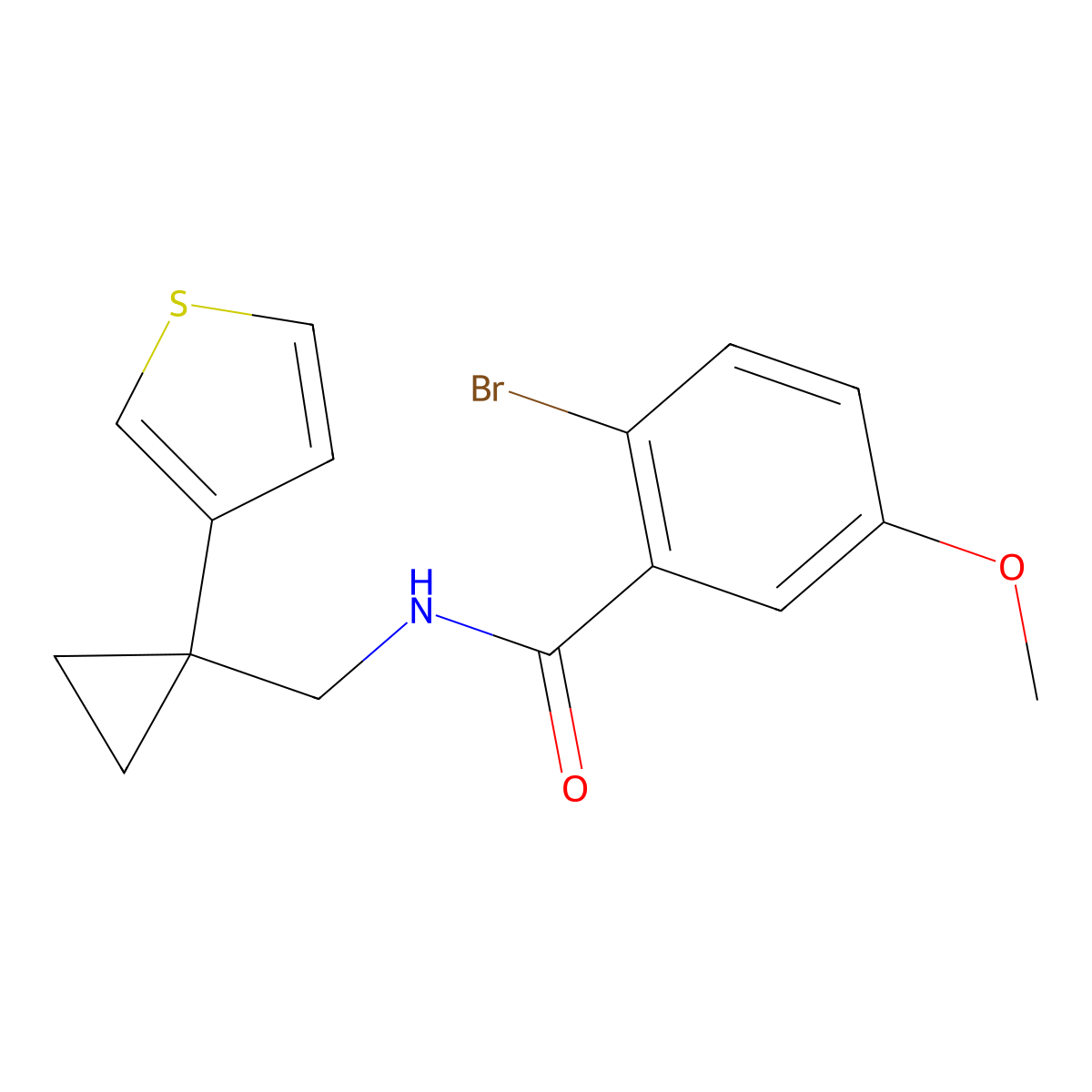 2-bromo-5-methoxy-N-{[1-(thiophen-3-yl)cyclopropyl]methyl}benzamide molecular structure, CAS 2415513-71-0