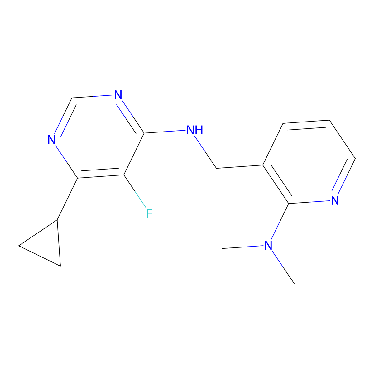 6-cyclopropyl-N-{[2-(dimethylamino)pyridin-3-yl]methyl}-5-fluoropyrimidin-4-amine molecular structure, CAS 2415513-78-7