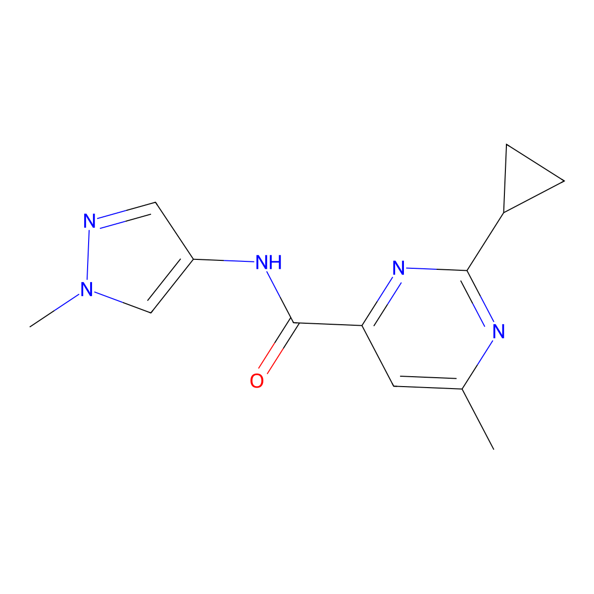 2-cyclopropyl-6-methyl-N-(1-methyl-1H-pyrazol-4-yl)pyrimidine-4-carboxamide molecular structure, CAS 2415513-84-5