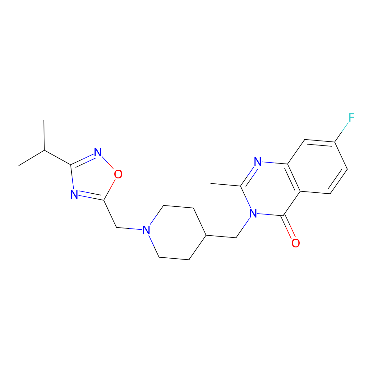7-Fluoro-2-methyl-3-[(1-{[3-(propan-2-yl)-1,2,4-oxadiazol-5-yl]methyl}piperidin-4-yl)methyl]-3,4-dihydroquinazolin-4-one molecular structure, CAS 2415513-86-7