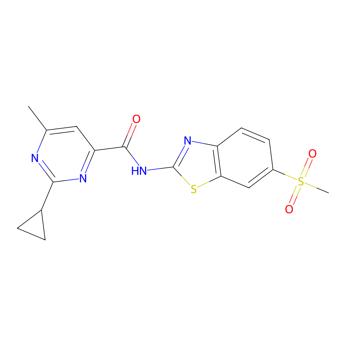 2-cyclopropyl-N-(6-methanesulfonyl-1,3-benzothiazol-2-yl)-6-methylpyrimidine-4-carboxamide molecular structure, CAS 2415513-91-4
