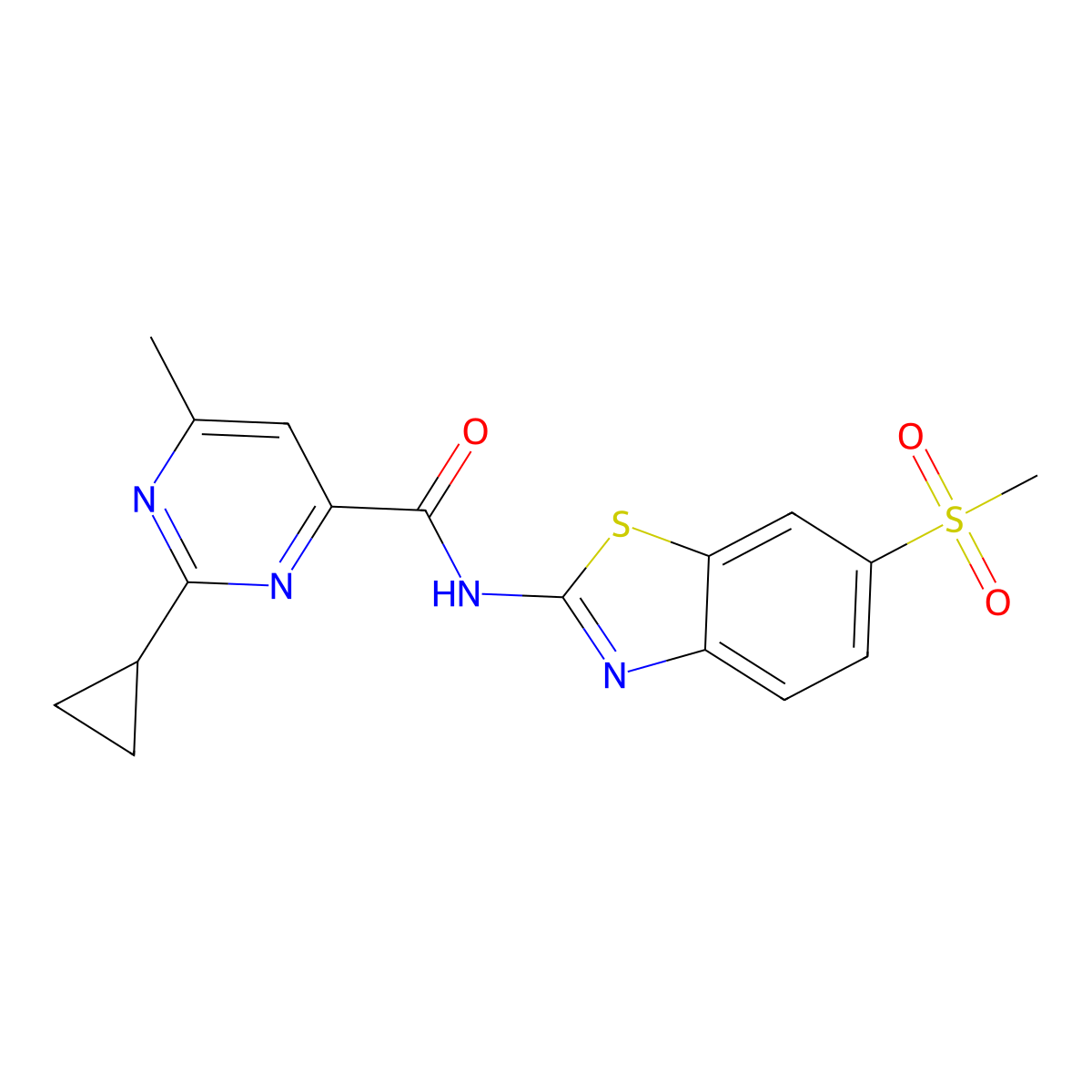 2-cyclopropyl-N-(6-methanesulfonyl-1,3-benzothiazol-2-yl)-6-methylpyrimidine-4-carboxamide molecular structure, CAS 2415513-91-4