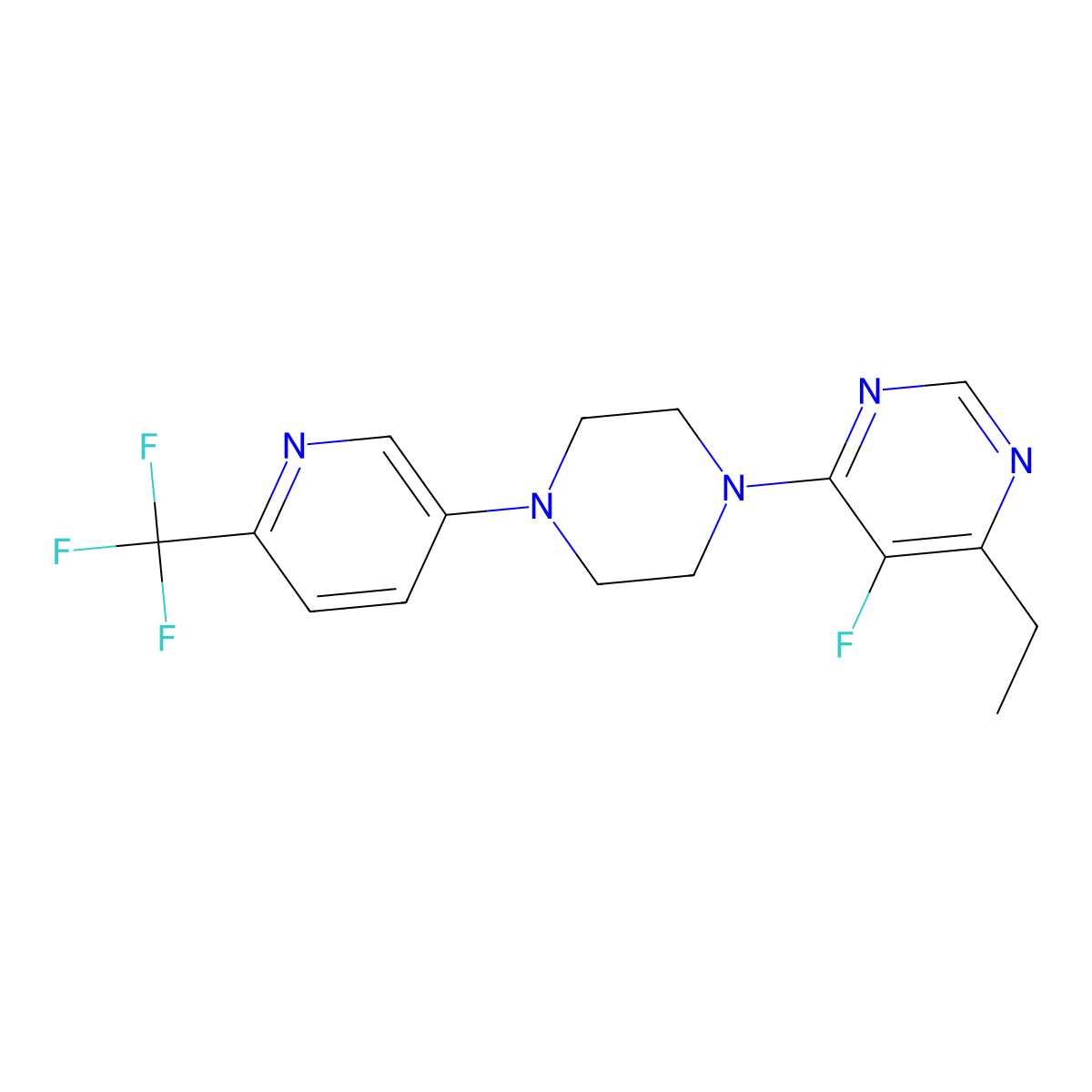 4-Ethyl-5-fluoro-6-{4-[6-(trifluoromethyl)pyridin-3-yl]piperazin-1-yl}pyrimidine molecular structure, CAS 2415513-92-5