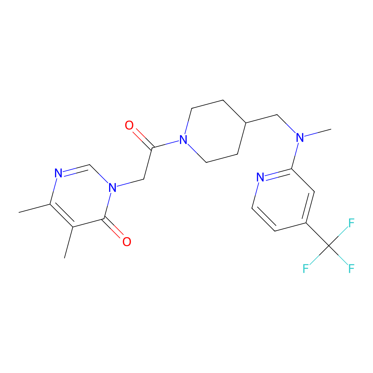 5,6-Dimethyl-3-{2-[4-({methyl[4-(trifluoromethyl)pyridin-2-yl]amino}methyl)piperidin-1-yl]-2-oxoethyl}-3,4-dihydropyrimidin-4-one molecular structure, CAS 2415513-95-8