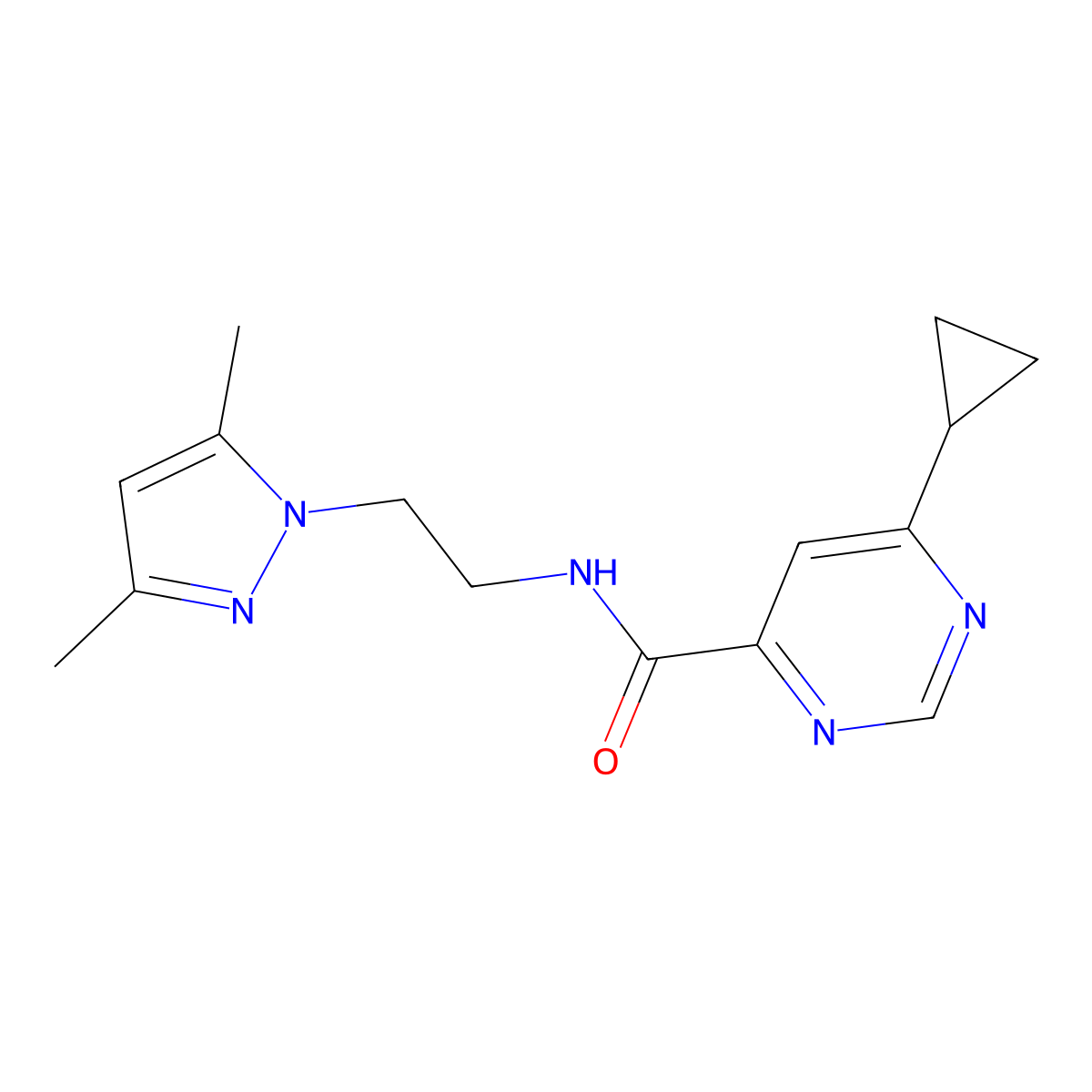 6-cyclopropyl-N-[2-(3,5-dimethyl-1H-pyrazol-1-yl)ethyl]pyrimidine-4-carboxamide molecular structure, CAS 2415513-97-0