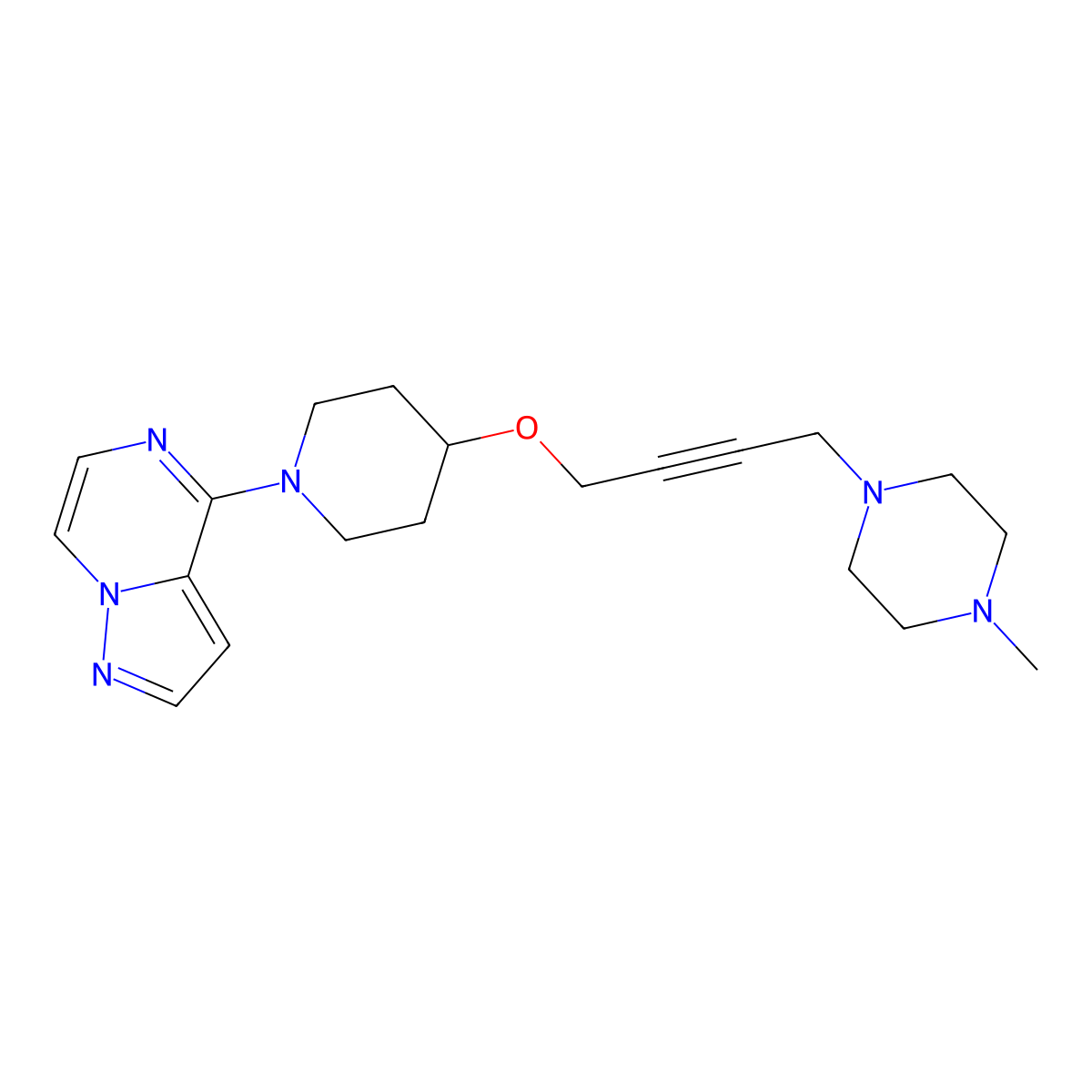 1-Methyl-4-{4-[(1-{pyrazolo[1,5-a]pyrazin-4-yl}piperidin-4-yl)oxy]but-2-yn-1-yl}piperazine molecular structure, CAS 2415514-04-2