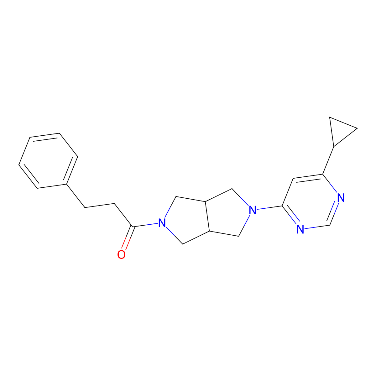 1-[5-(6-Cyclopropylpyrimidin-4-yl)-octahydropyrrolo[3,4-c]pyrrol-2-yl]-3-phenylpropan-1-one molecular structure, CAS 2415514-05-3