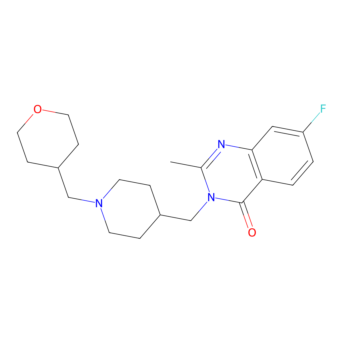 7-Fluoro-2-methyl-3-({1-[(oxan-4-yl)methyl]piperidin-4-yl}methyl)-3,4-dihydroquinazolin-4-one molecular structure, CAS 2415514-08-6