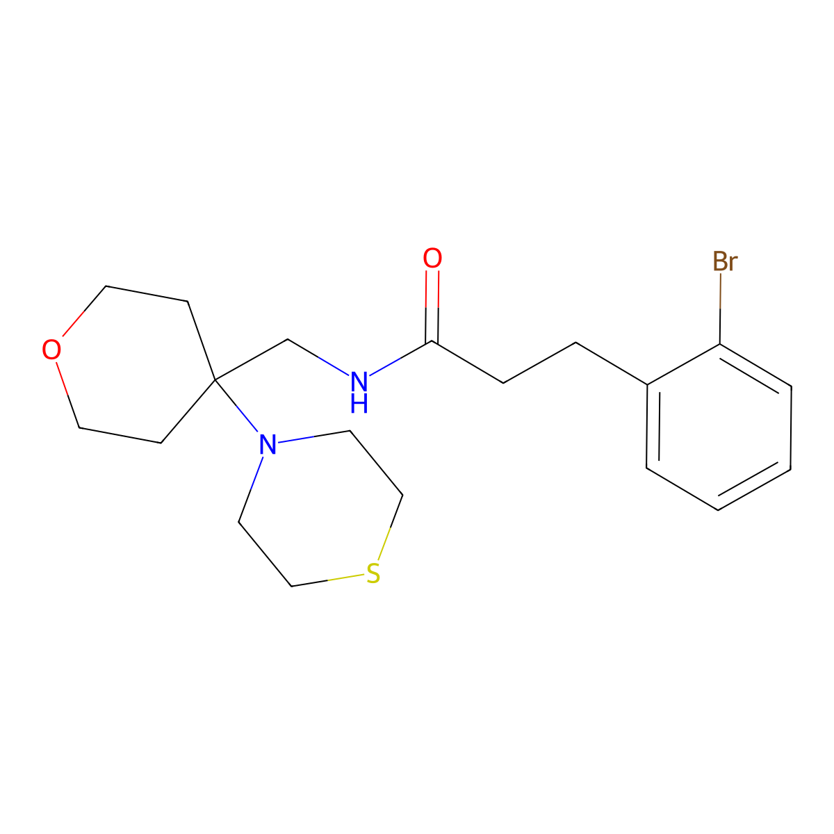 3-(2-bromophenyl)-N-{[4-(thiomorpholin-4-yl)oxan-4-yl]methyl}propanamide molecular structure, CAS 2415514-16-6