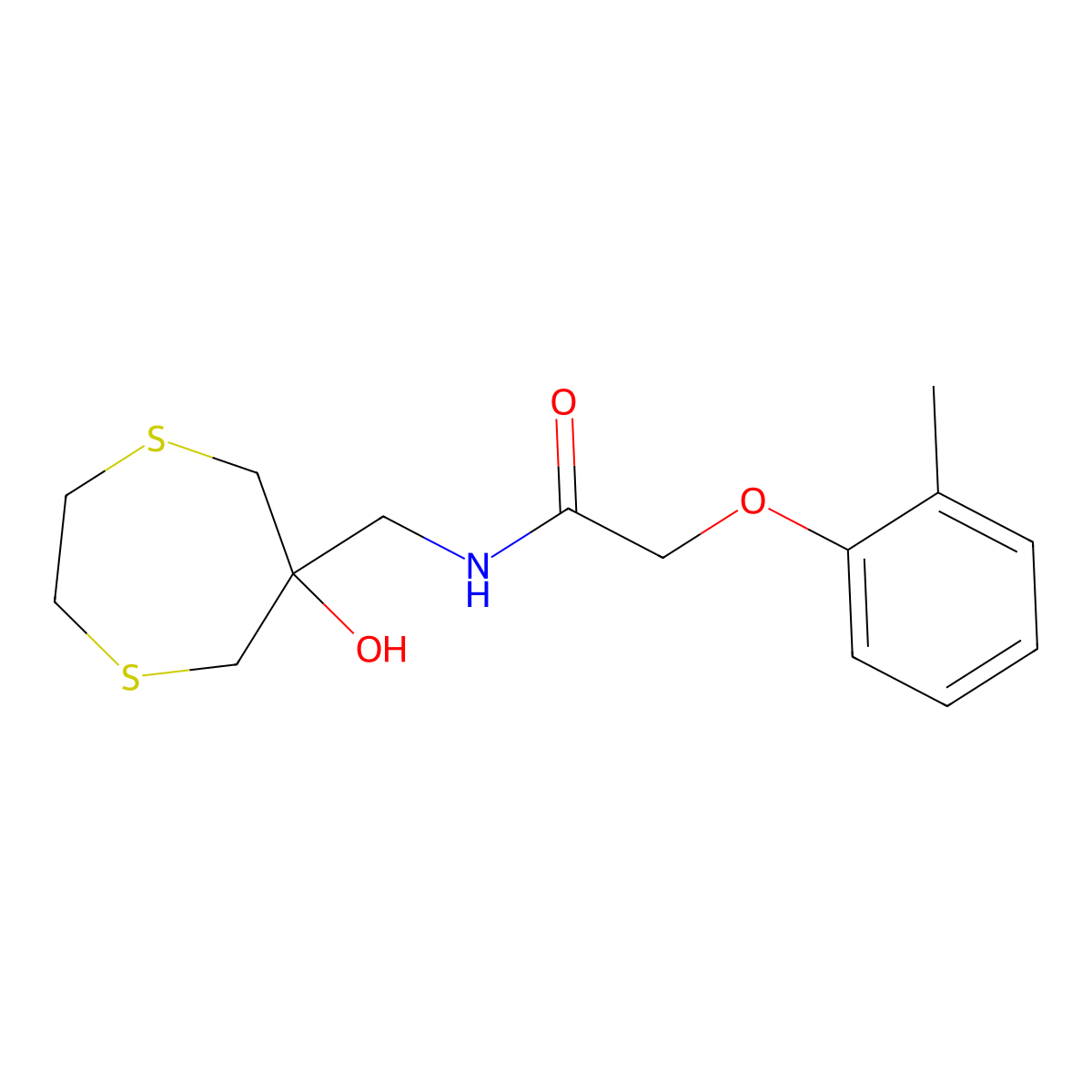 N-[(6-Hydroxy-1,4-dithiepan-6-yl)methyl]-2-(2-methylphenoxy)acetamide molecular structure, CAS 2415514-34-8