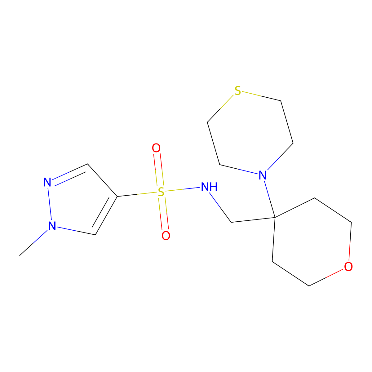 1-methyl-N-{[4-(thiomorpholin-4-yl)oxan-4-yl]methyl}-1H-pyrazole-4-sulfonamide molecular structure, CAS 2415516-46-8