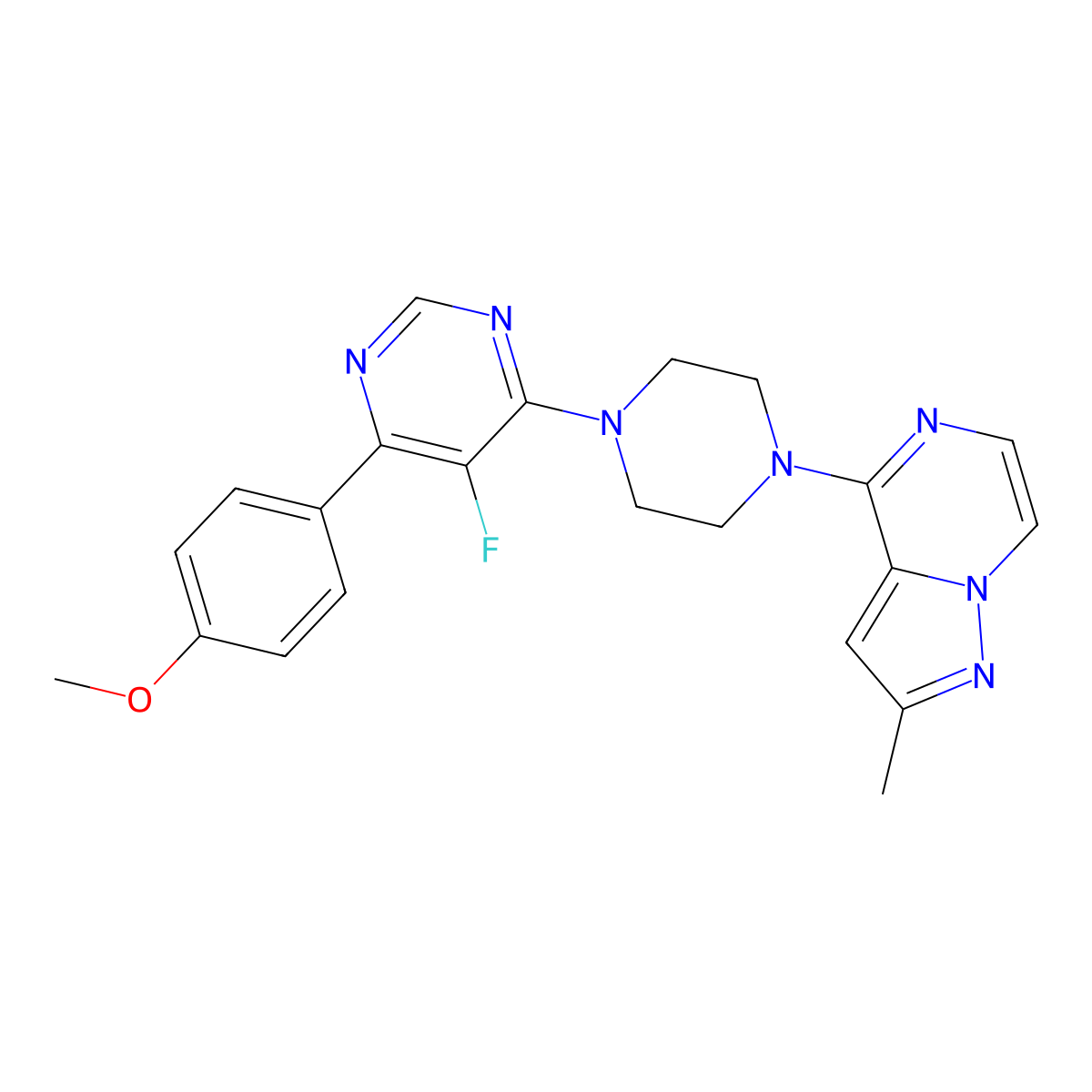 5-Fluoro-4-(4-methoxyphenyl)-6-(4-{2-methylpyrazolo[1,5-a]pyrazin-4-yl}piperazin-1-yl)pyrimidine molecular structure, CAS 2415516-50-4