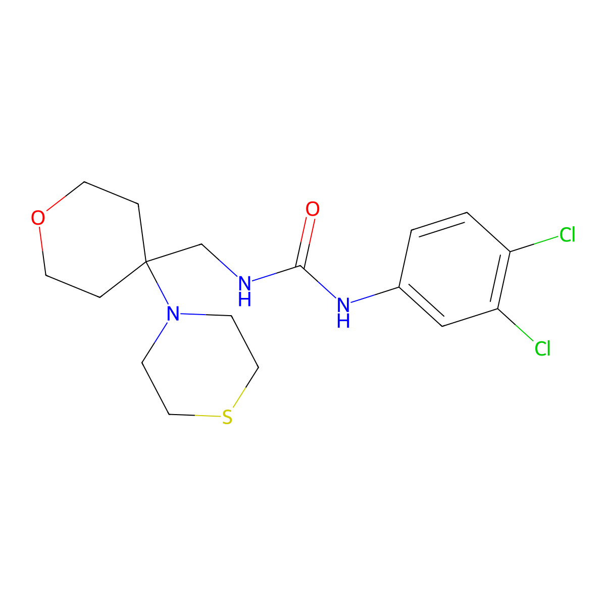 1-(3,4-Dichlorophenyl)-3-{[4-(thiomorpholin-4-yl)oxan-4-yl]methyl}urea molecular structure, CAS 2415516-53-7
