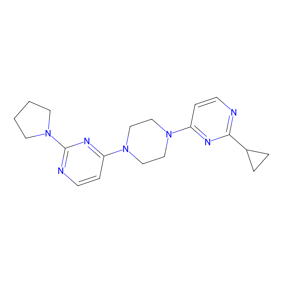 4-[4-(2-Cyclopropylpyrimidin-4-yl)piperazin-1-yl]-2-(pyrrolidin-1-yl)pyrimidine molecular structure, CAS 2415516-55-9