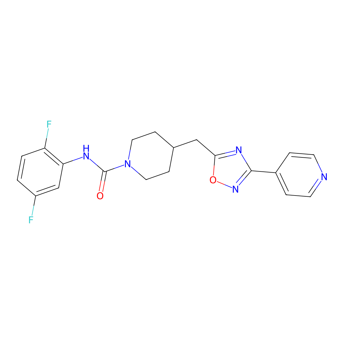 N-(2,5-difluorophenyl)-4-{[3-(pyridin-4-yl)-1,2,4-oxadiazol-5-yl]methyl}piperidine-1-carboxamide molecular structure, CAS 2415516-63-9