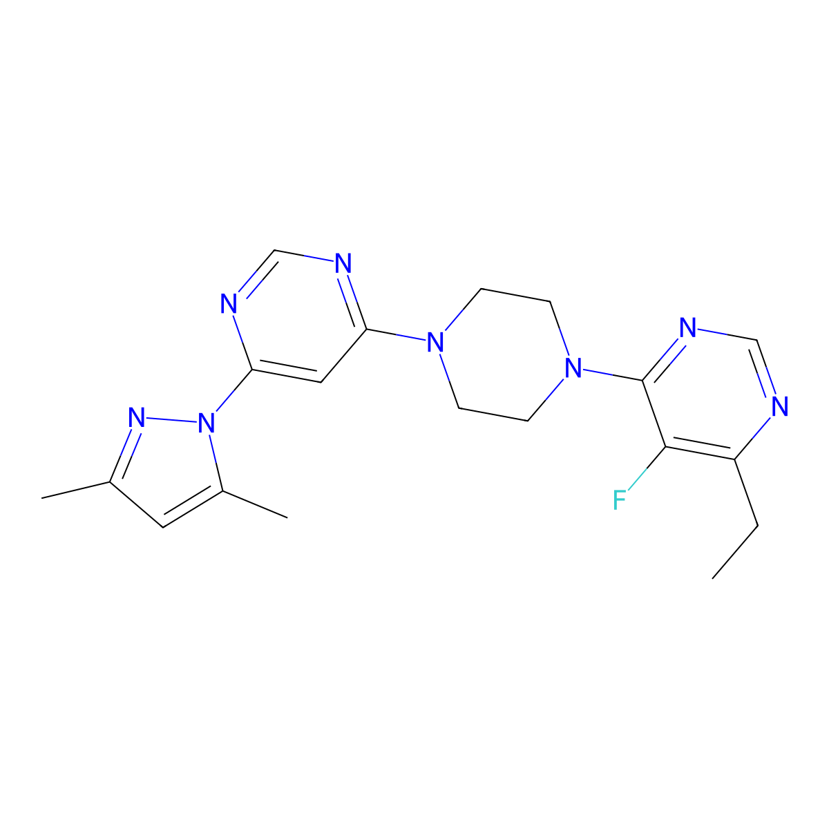 4-{4-[6-(3,5-dimethyl-1H-pyrazol-1-yl)pyrimidin-4-yl]piperazin-1-yl}-6-ethyl-5-fluoropyrimidine molecular structure, CAS 2415516-65-1