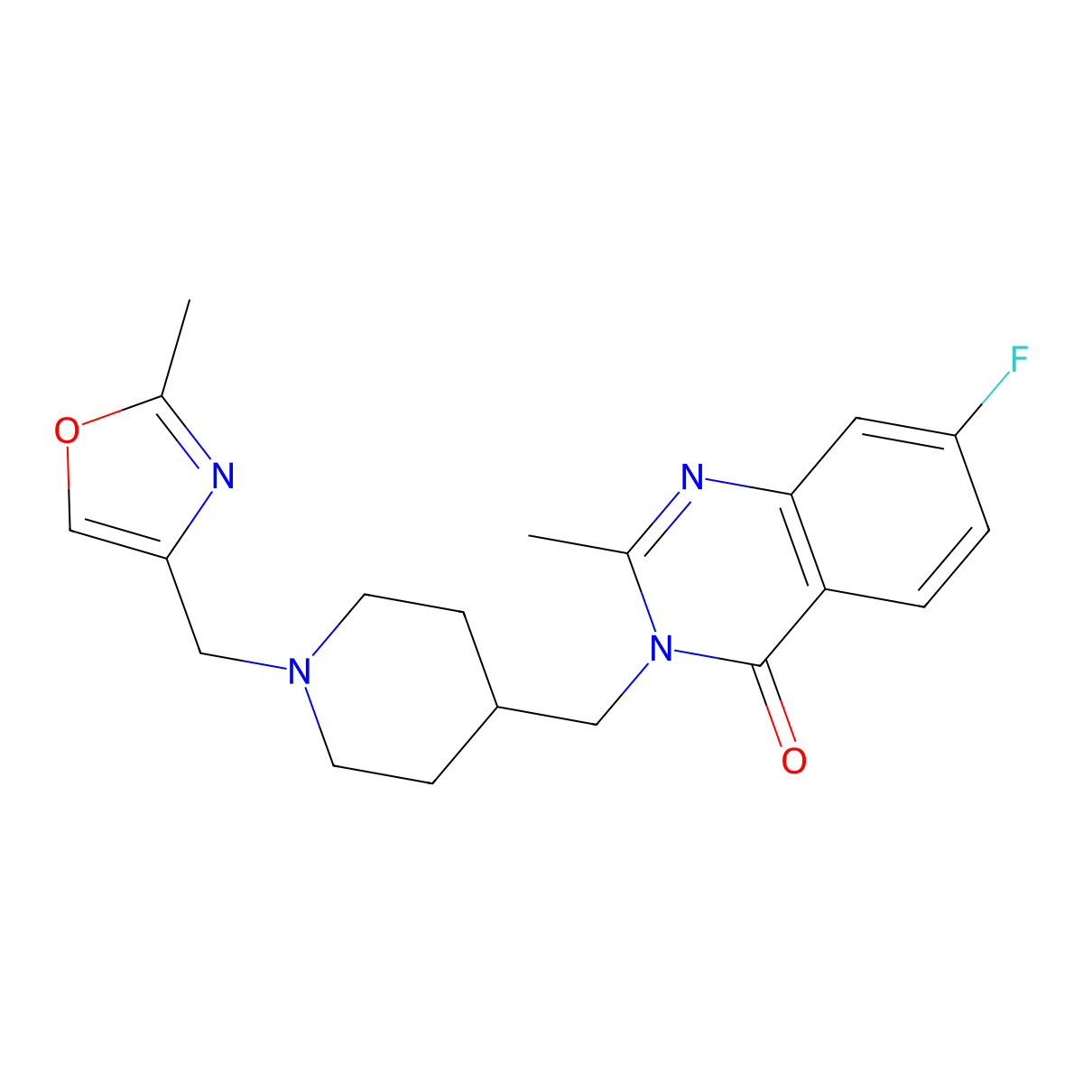 7-Fluoro-2-methyl-3-({1-[(2-methyl-1,3-oxazol-4-yl)methyl]piperidin-4-yl}methyl)-3,4-dihydroquinazolin-4-one molecular structure, CAS 2415516-69-5