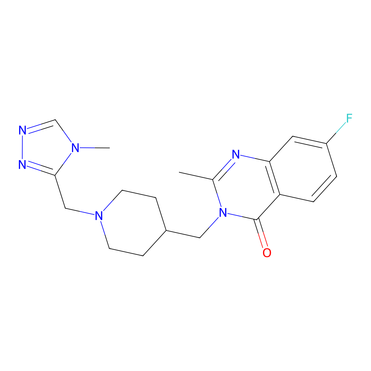7-fluoro-2-methyl-3-({1-[(4-methyl-4H-1,2,4-triazol-3-yl)methyl]piperidin-4-yl}methyl)-3,4-dihydroquinazolin-4-one molecular structure, CAS 2415516-78-6
