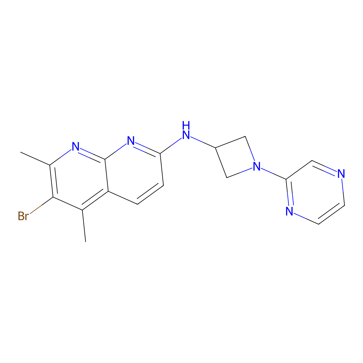 6-bromo-5,7-dimethyl-N-[1-(pyrazin-2-yl)azetidin-3-yl]-1,8-naphthyridin-2-amine molecular structure, CAS 2415516-81-1
