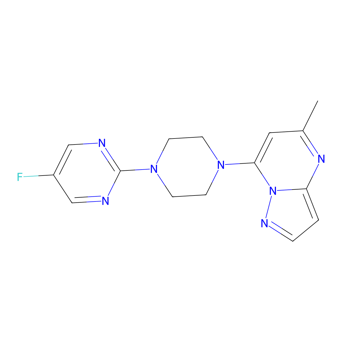 5-Fluoro-2-(4-{5-methylpyrazolo[1,5-a]pyrimidin-7-yl}piperazin-1-yl)pyrimidine molecular structure, CAS 2415516-82-2