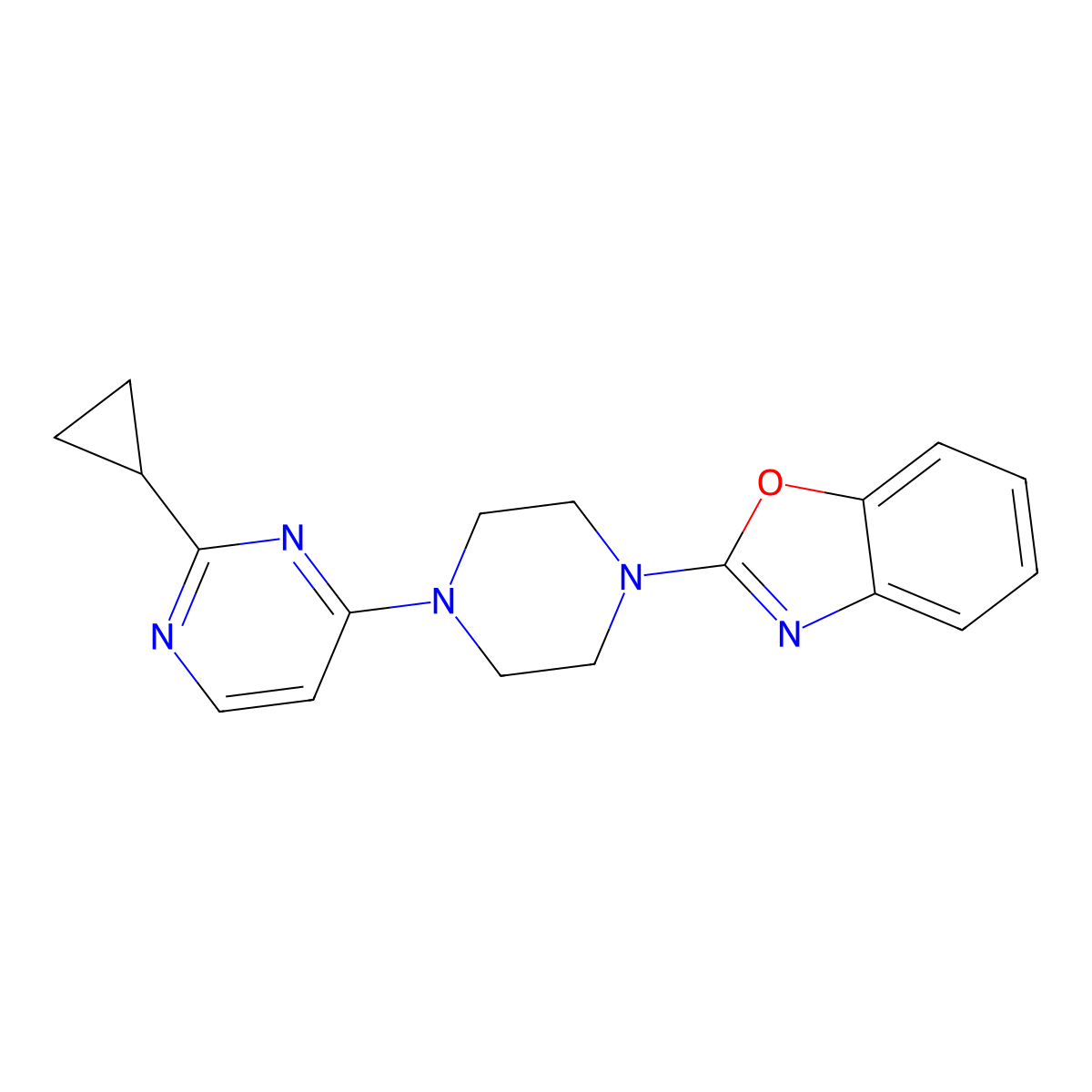2-[4-(2-Cyclopropylpyrimidin-4-yl)piperazin-1-yl]-1,3-benzoxazole molecular structure, CAS 2415516-83-3