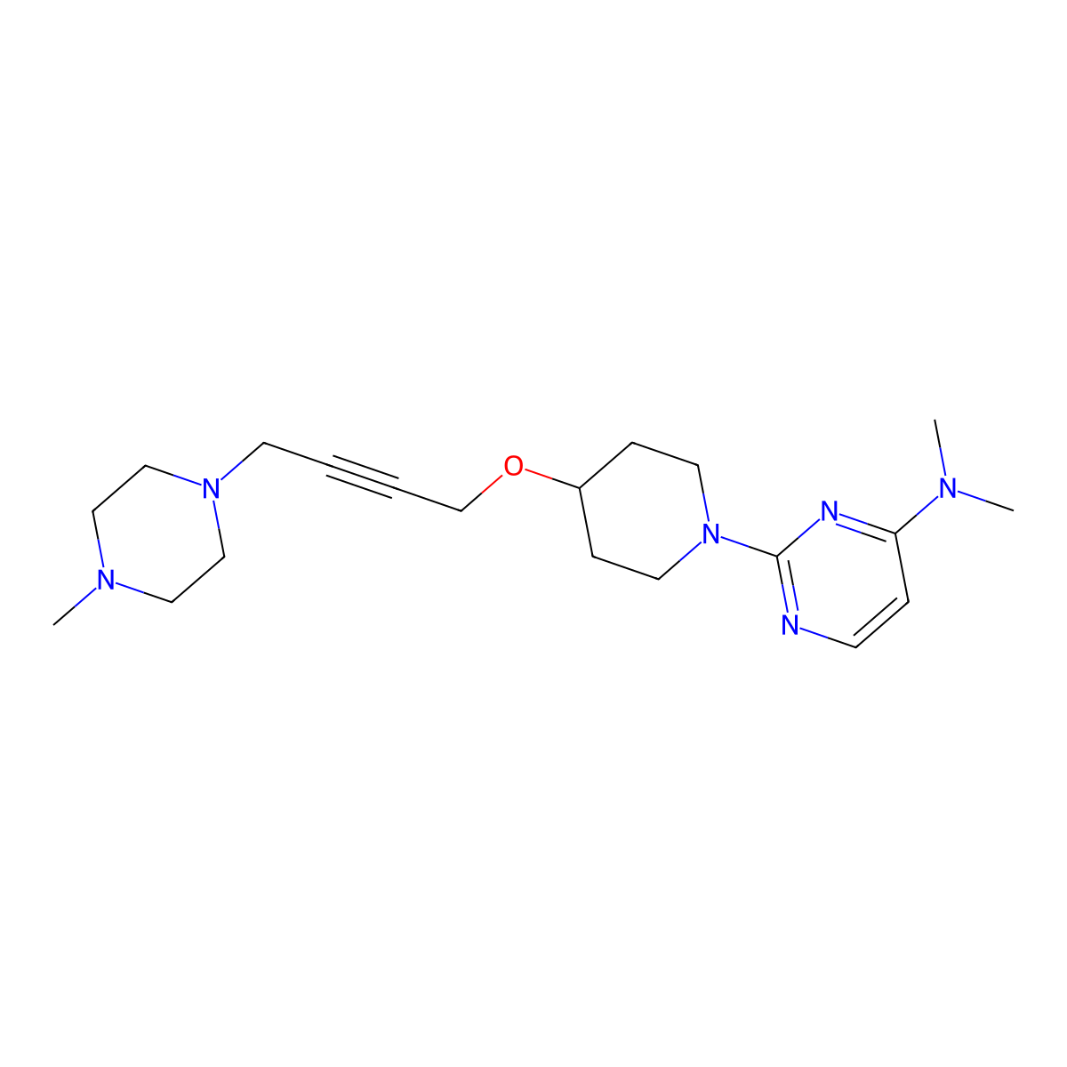 N,N-dimethyl-2-(4-{[4-(4-methylpiperazin-1-yl)but-2-yn-1-yl]oxy}piperidin-1-yl)pyrimidin-4-amine molecular structure, CAS 2415516-85-5