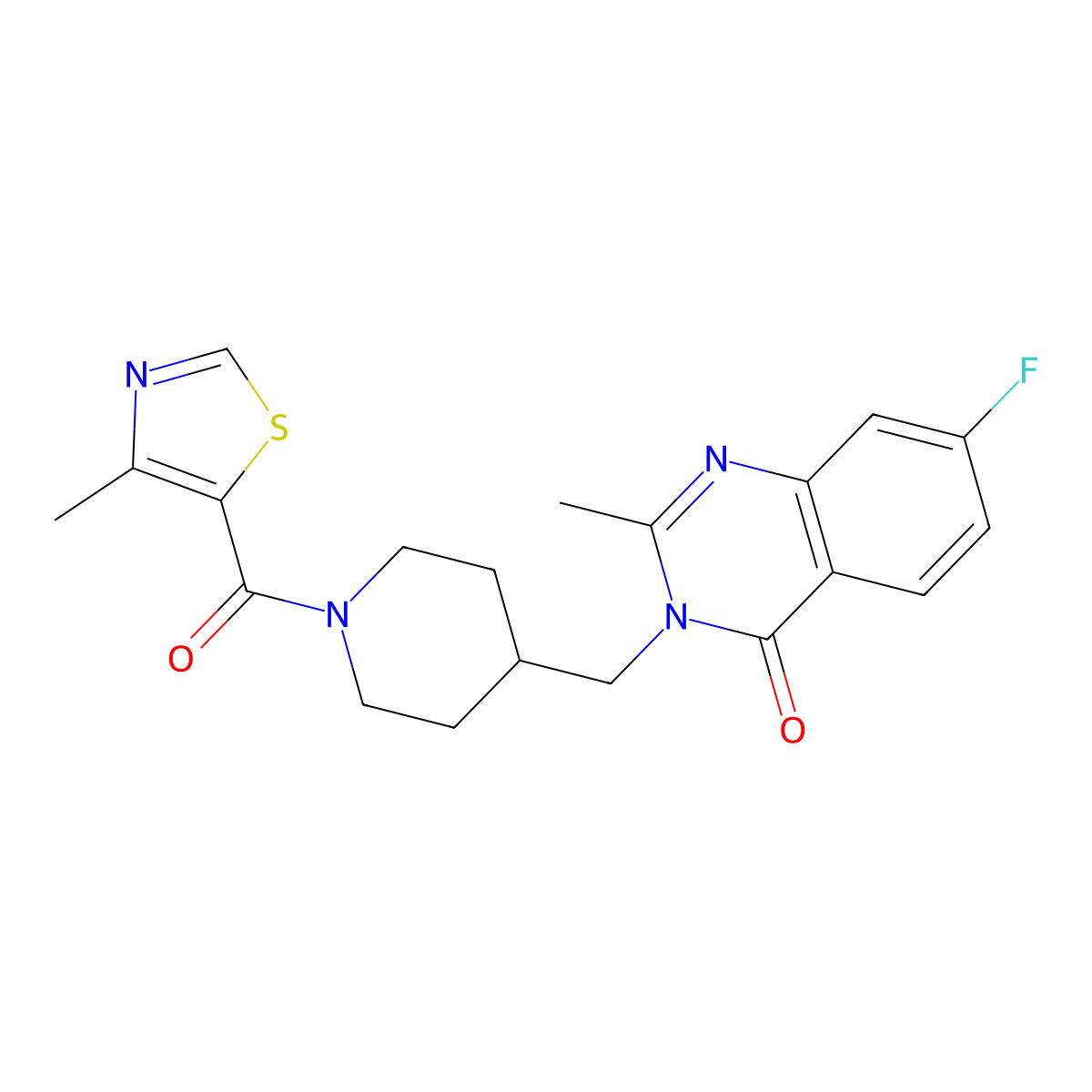 7-Fluoro-2-methyl-3-{[1-(4-methyl-1,3-thiazole-5-carbonyl)piperidin-4-yl]methyl}-3,4-dihydroquinazolin-4-one molecular structure, CAS 2415516-86-6